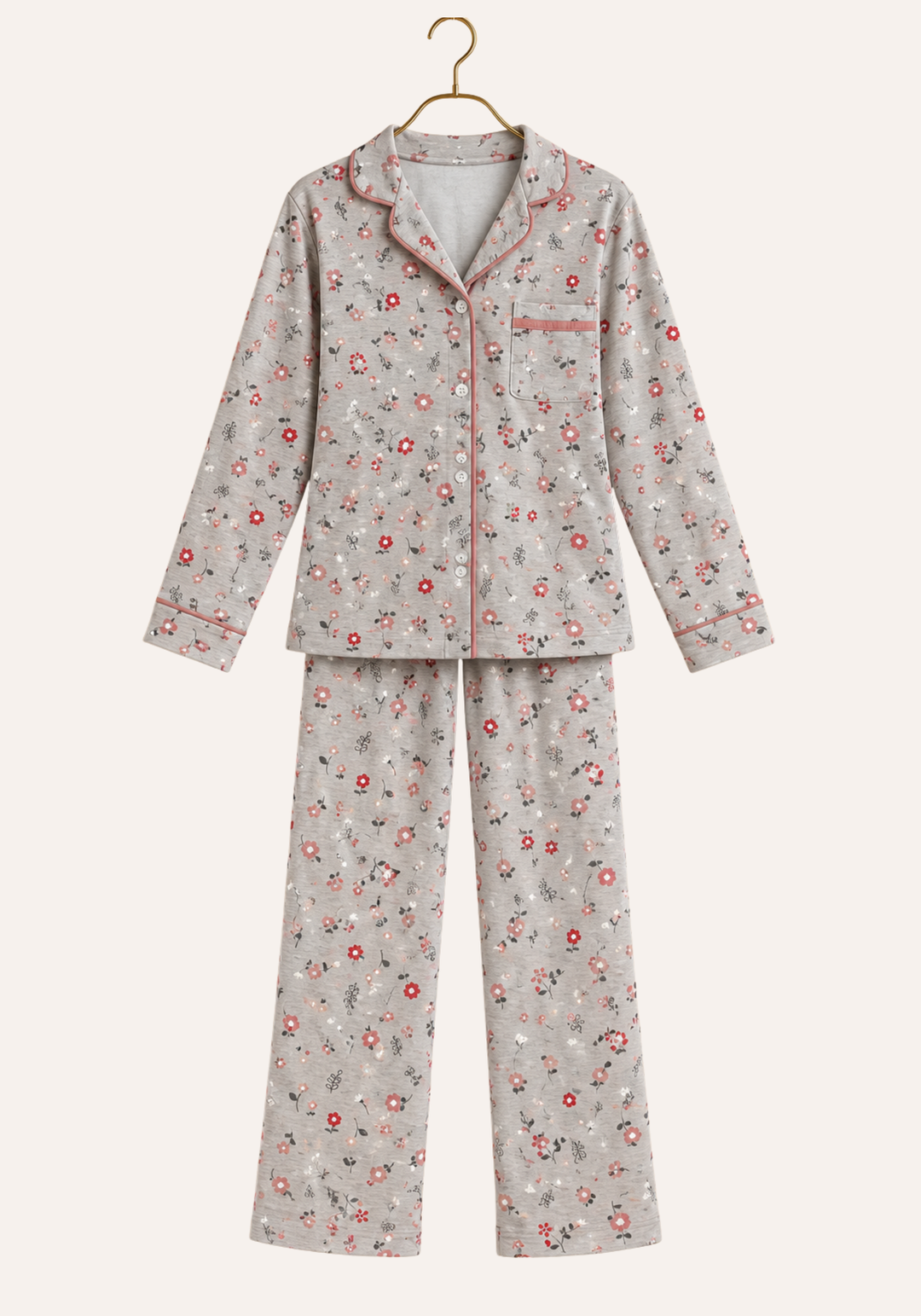 Interlock Collar Button Long Sleeve Floral Print Top With Pocket And Pants