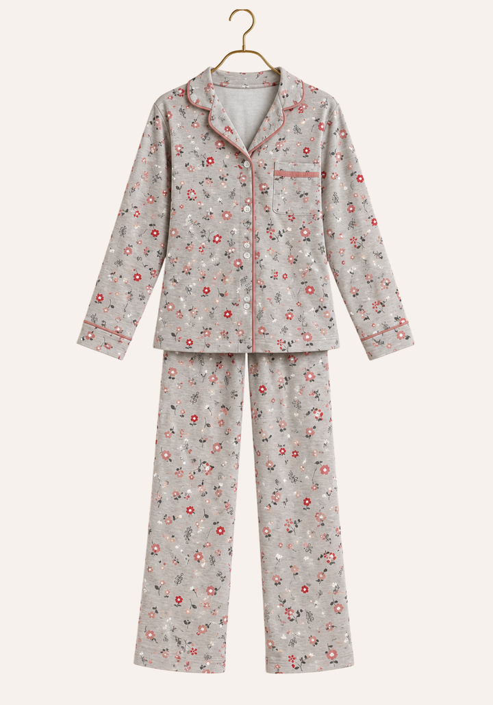 Interlock Collar Button Long Sleeve Floral Print Top With Pocket And Pants