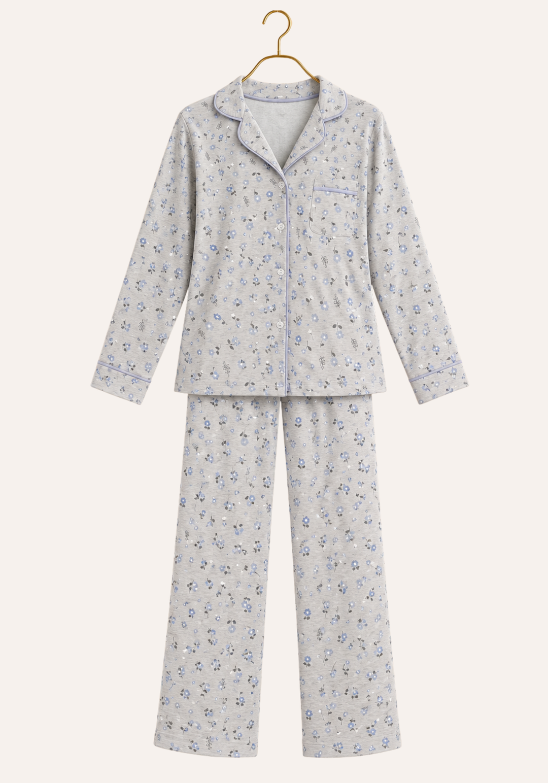 Interlock Collar Button Long Sleeve Floral Print Top With Pocket And Pants
