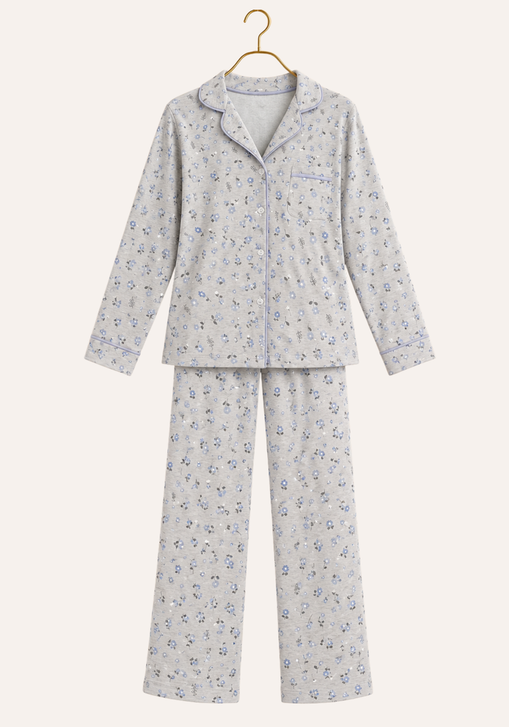 Interlock Collar Button Long Sleeve Floral Print Top With Pocket And Pants