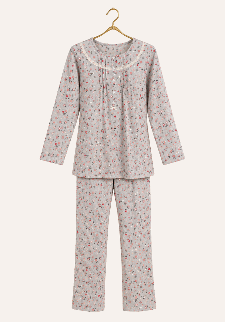 Interlock Round Neck Button Long Sleeve Floral Print Top With Pleats And Pants
