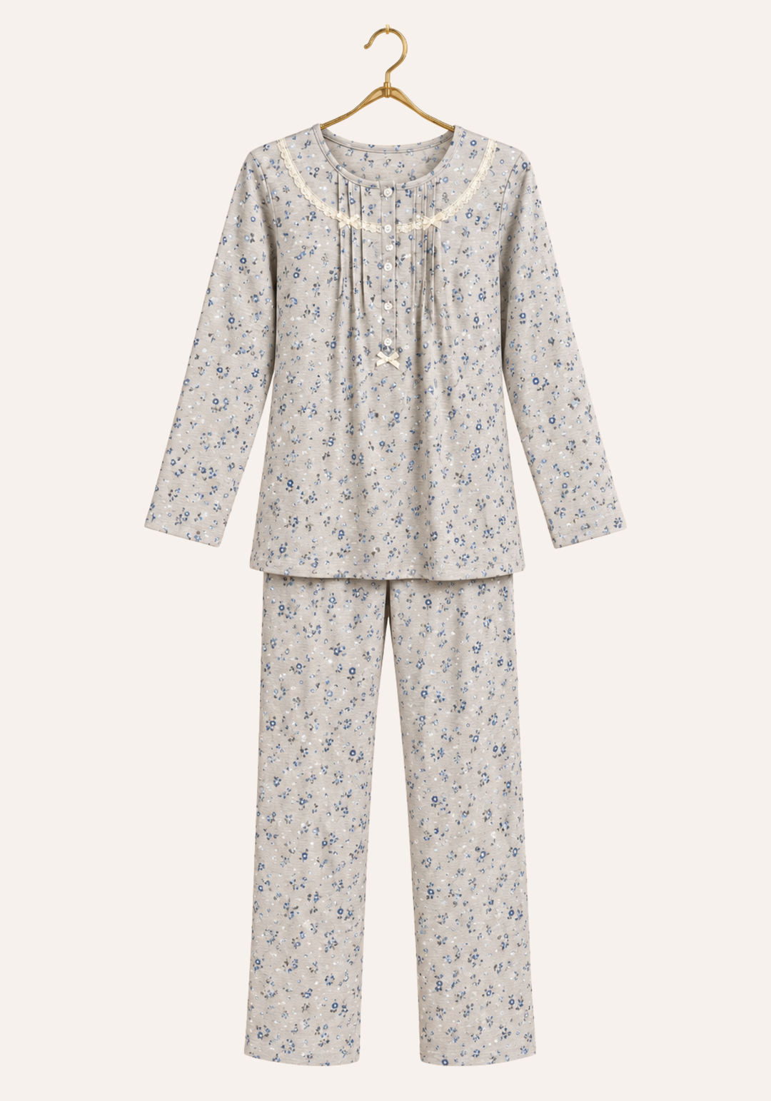 Interlock Round Neck Button Long Sleeve Floral Print Top With Pleats And Pants