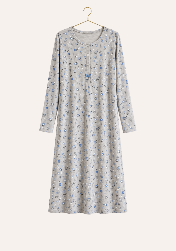 Interlock Round Neck Button Long Sleeve Floral Print Midi Nighty