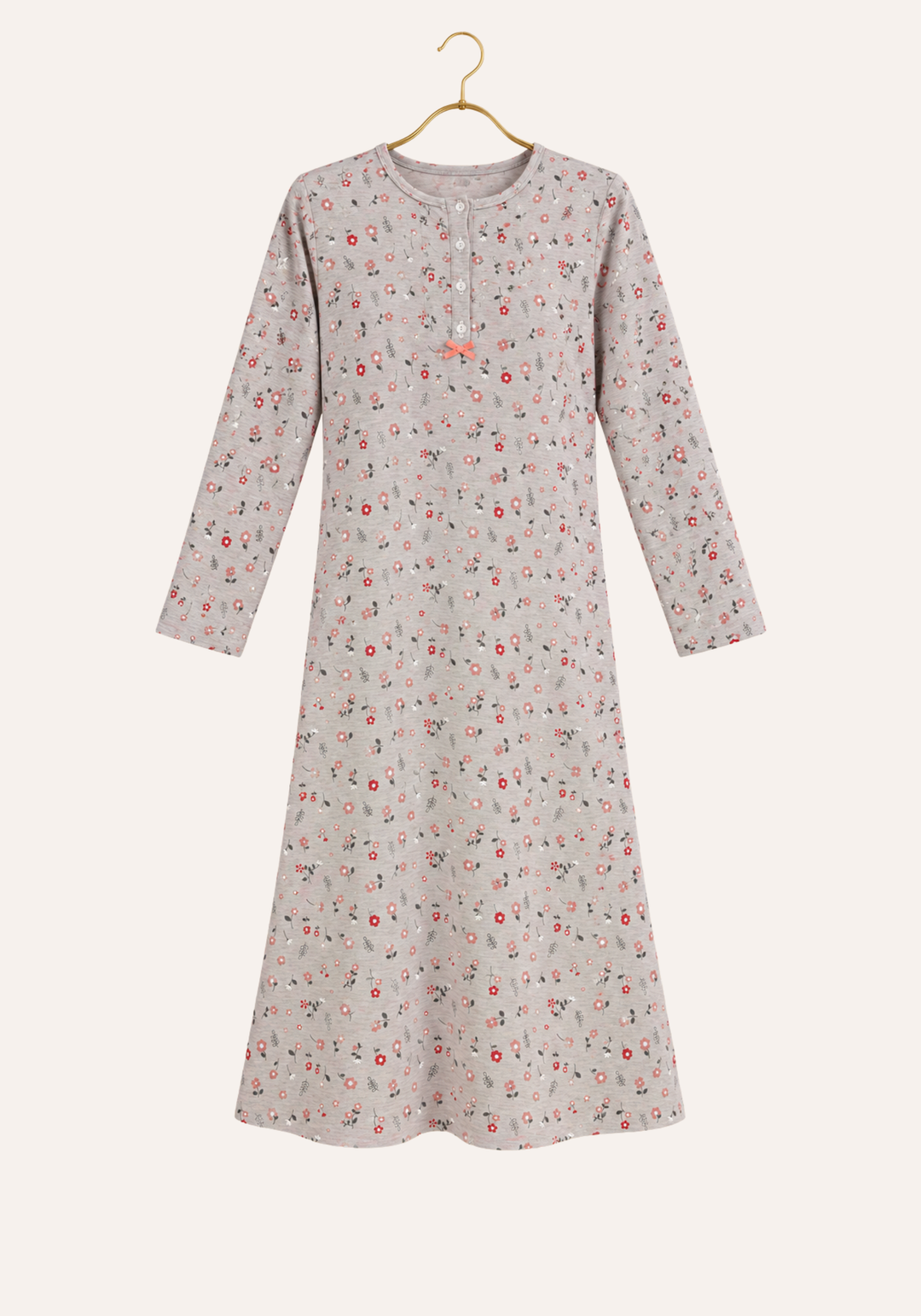 Interlock Round Neck Button Long Sleeve Floral Print Midi Nighty