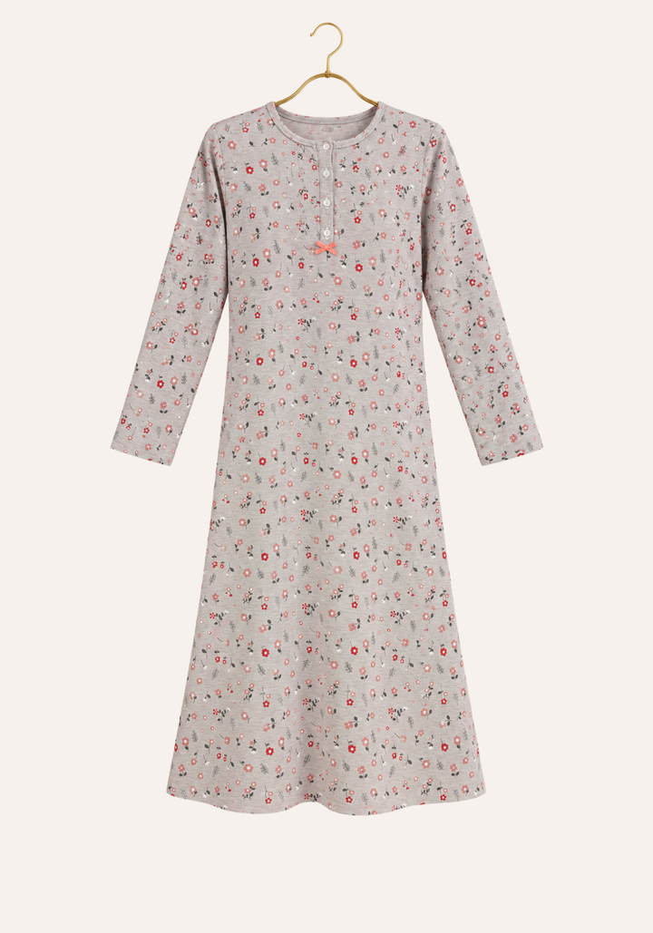 Interlock Round Neck Button Long Sleeve Floral Print Midi Nighty
