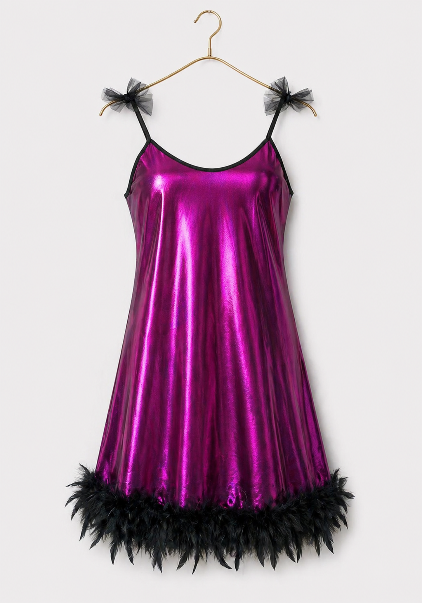 Babydoll: Ruffles Shoulder Strap Plain Satin Babydoll With Furr Around The Bottom