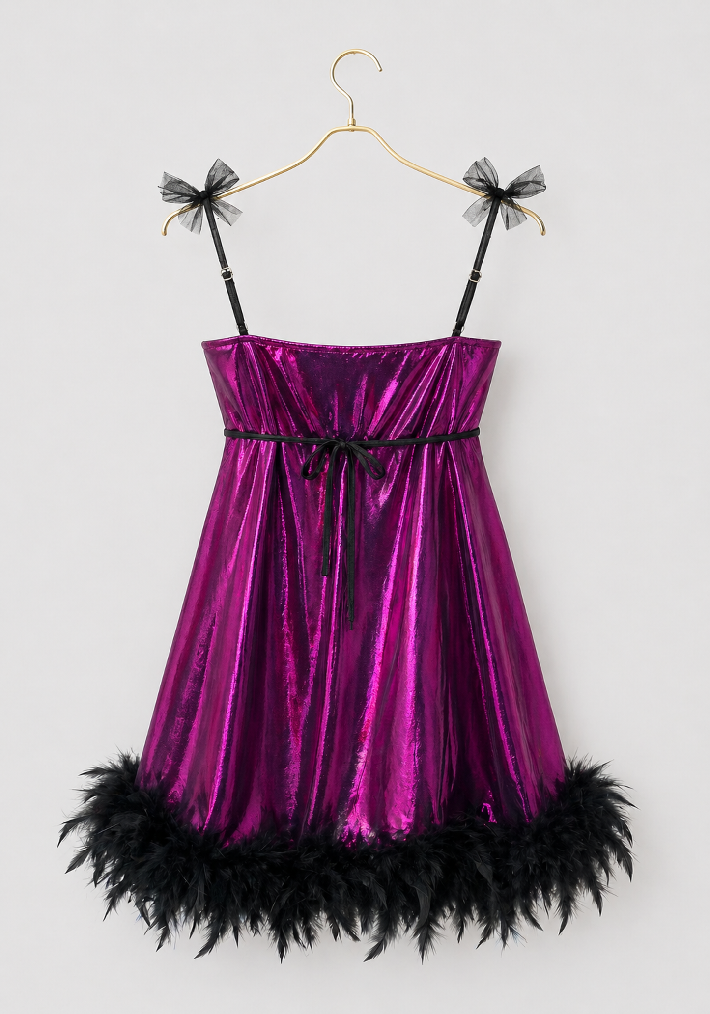 Babydoll: Ruffles Shoulder Strap Plain Satin Babydoll With Furr Around The Bottom