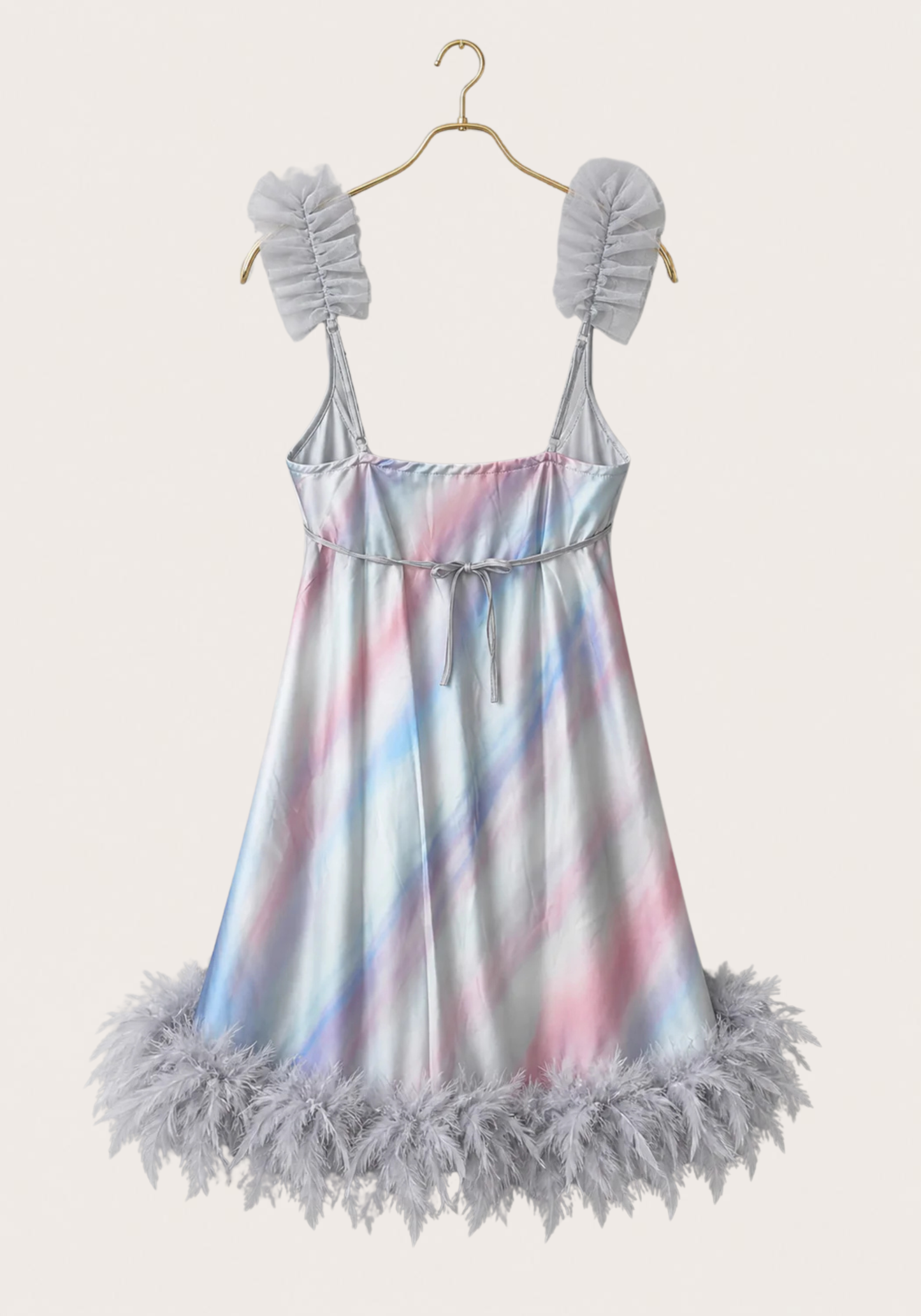 Babydoll: Ruffles Shoulder Strap Printed Satin Babydoll With Furr Around The Bottom