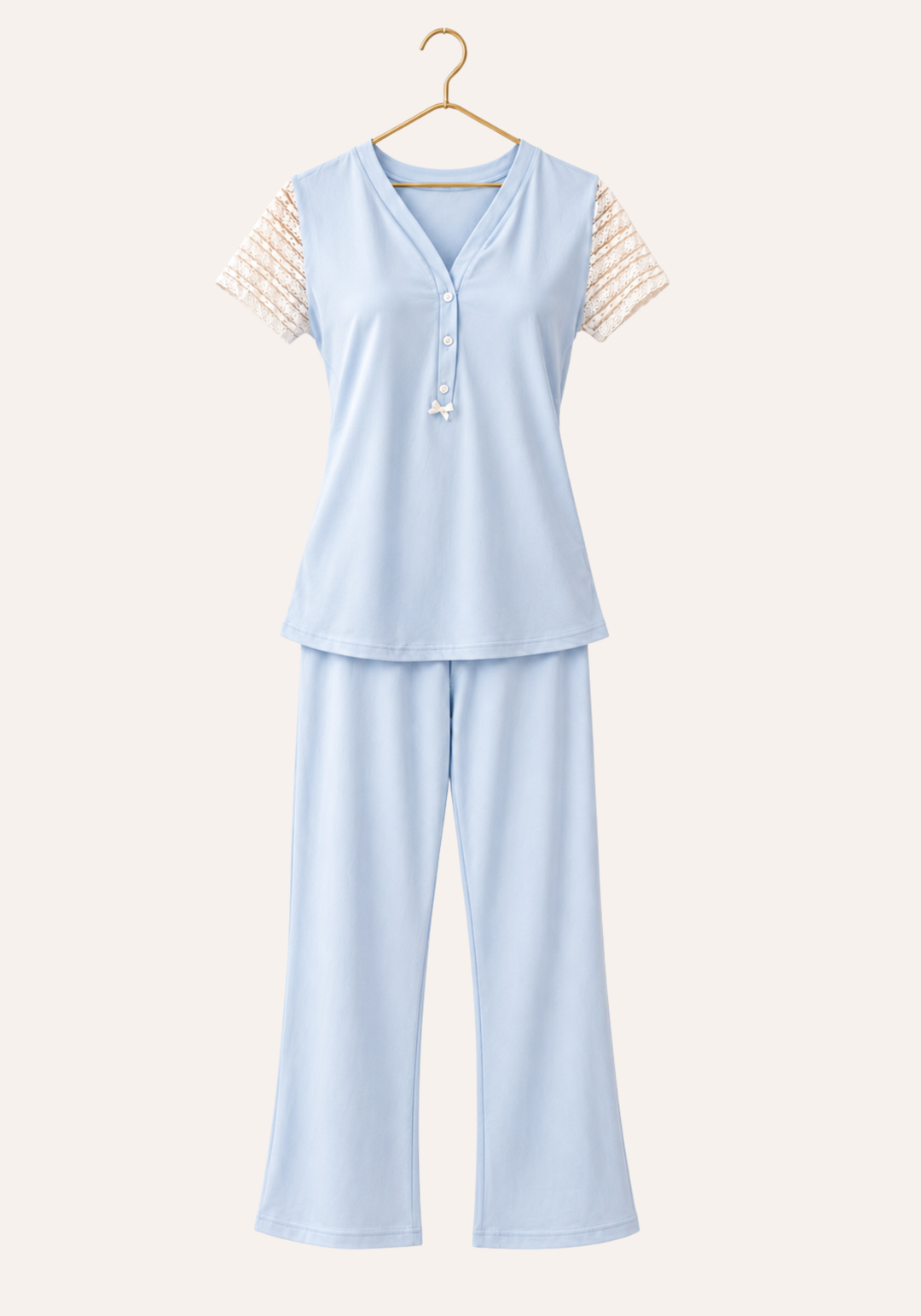 Short Sleeve Plain Front Button Pajamas With Lace Sleeves