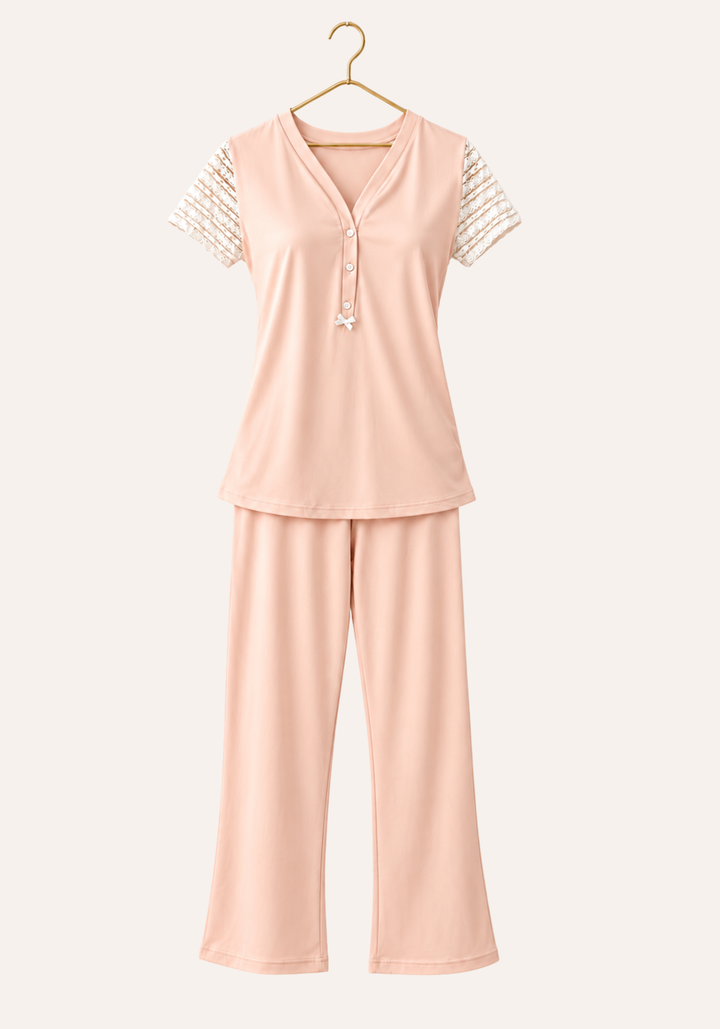 Short Sleeve Plain Front Button Pajamas With Lace Sleeves