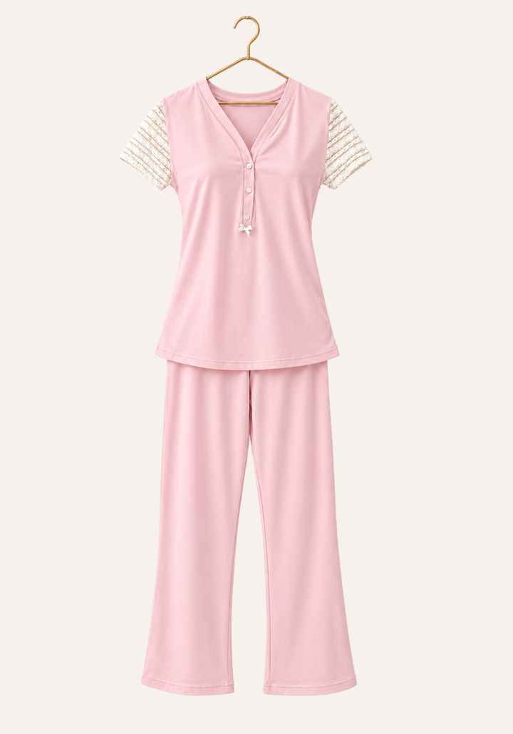 Short Sleeve Plain Front Button Pajamas With Lace Sleeves