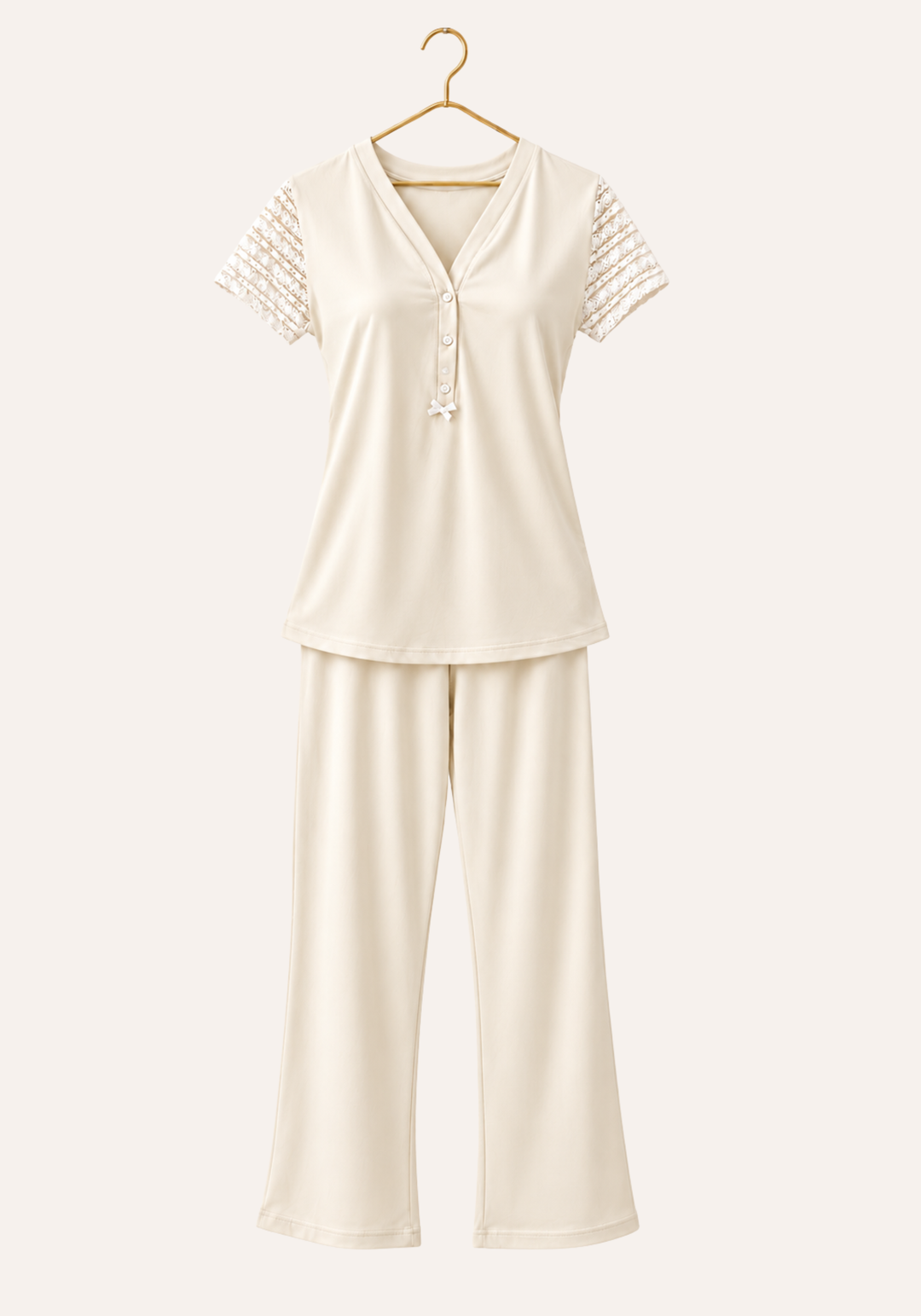 Short Sleeve Plain Front Button Pajamas With Lace Sleeves