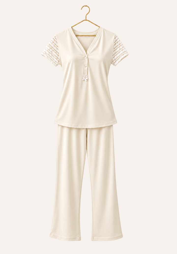 Short Sleeve Plain Front Button Pajamas With Lace Sleeves