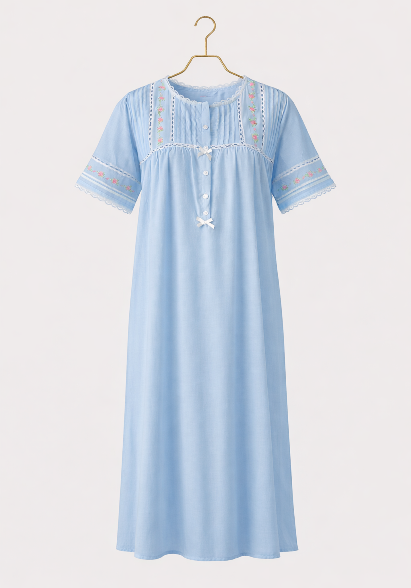 Woven Vual Short Sleeves Long Gown With Floral Embroidery Details With Front Buttons