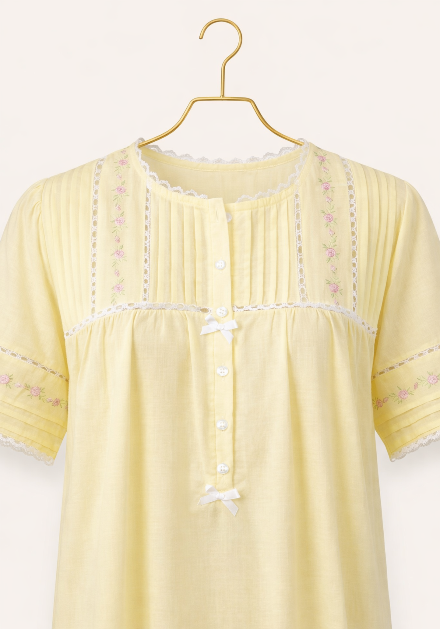 Woven Vual Short Sleeves Long Gown With Floral Embroidery Details With Front Buttons