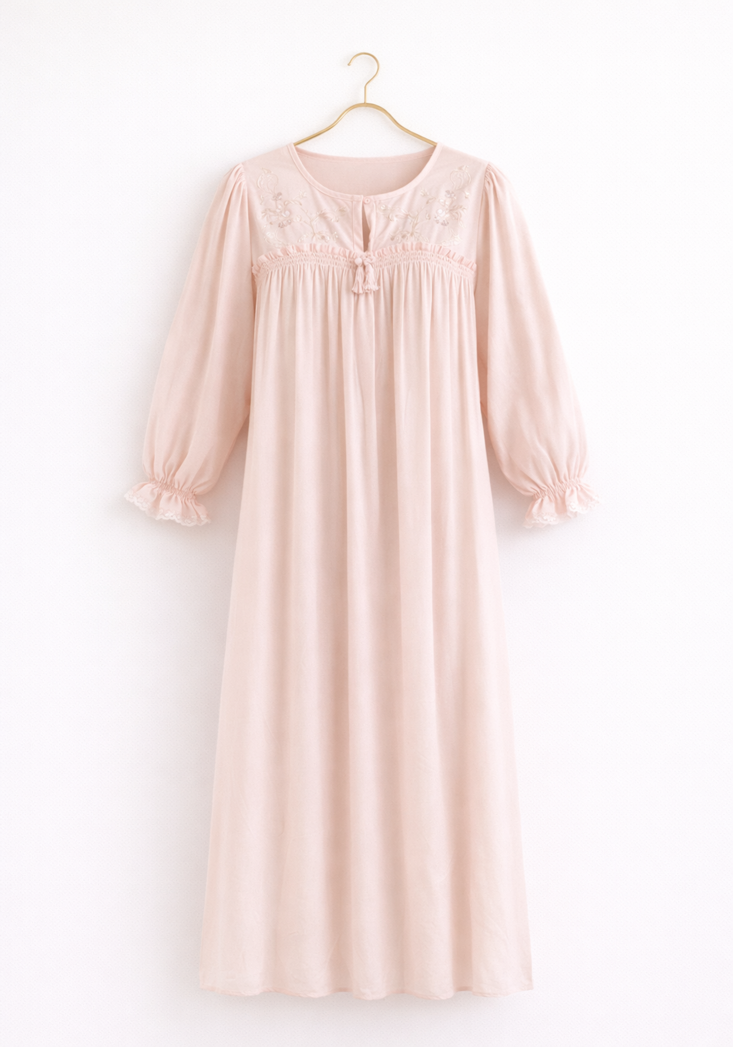 Woven Viscose Long Sleeves Long Nighty With Embroidery Detail