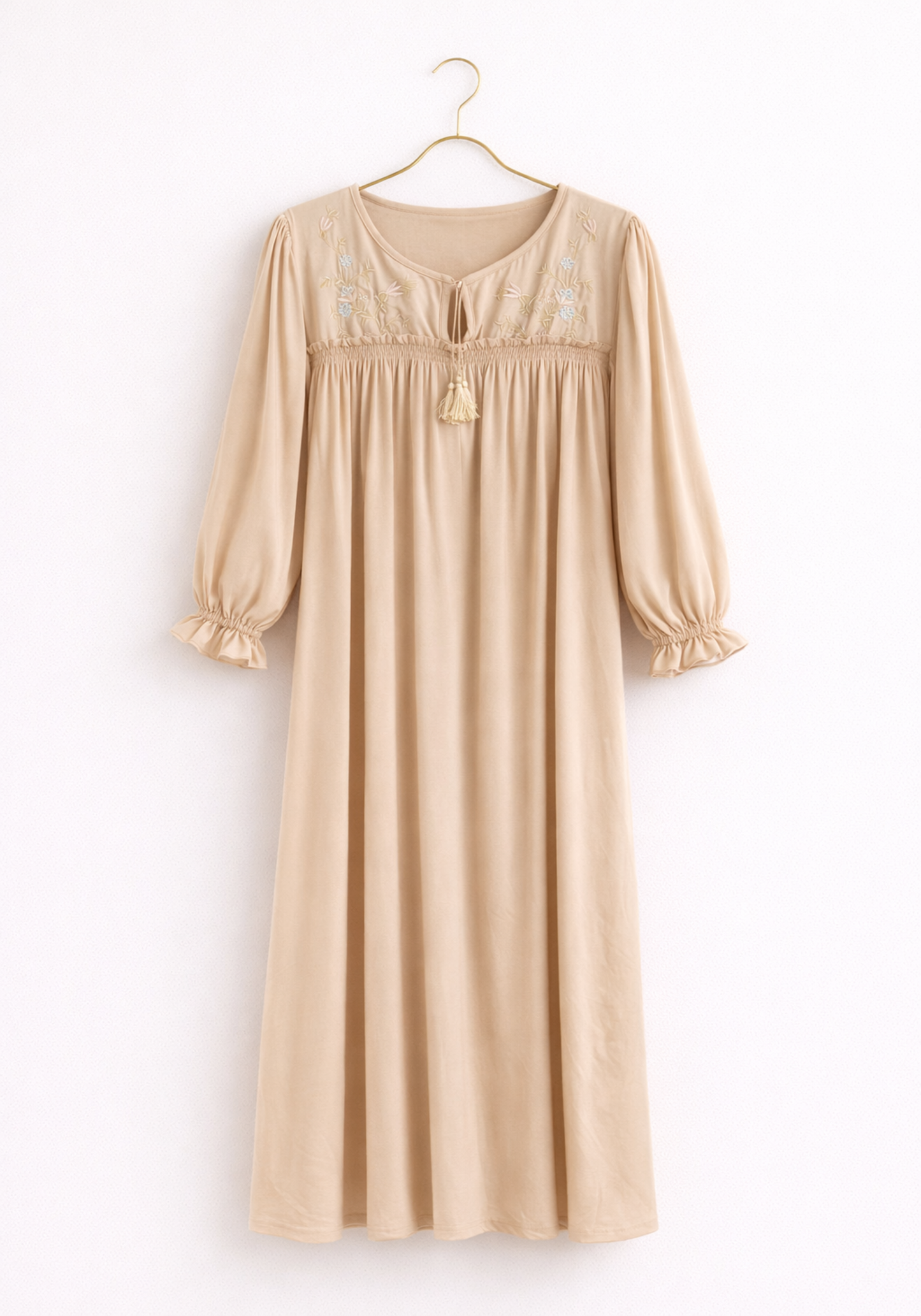 Woven Viscose Long Sleeves Long Nighty With Embroidery Detail