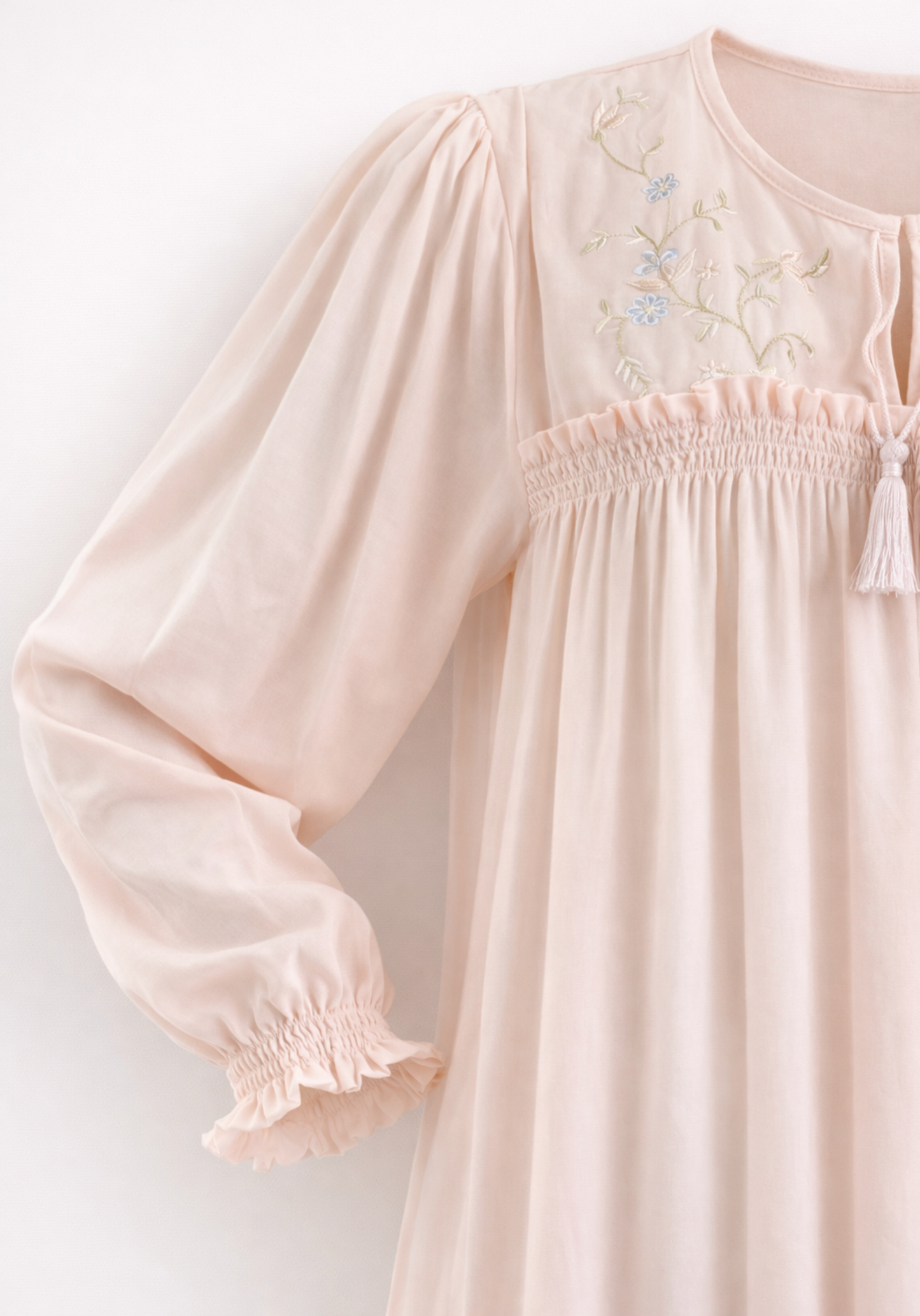 Woven Viscose Long Sleeves Long Nighty With Embroidery Detail