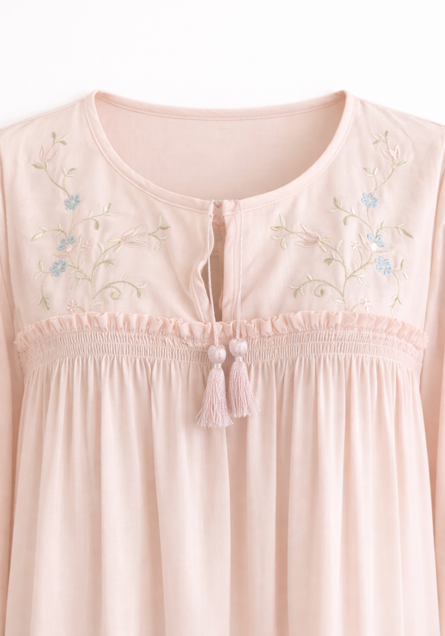 Woven Viscose Long Sleeves Long Nighty With Embroidery Detail