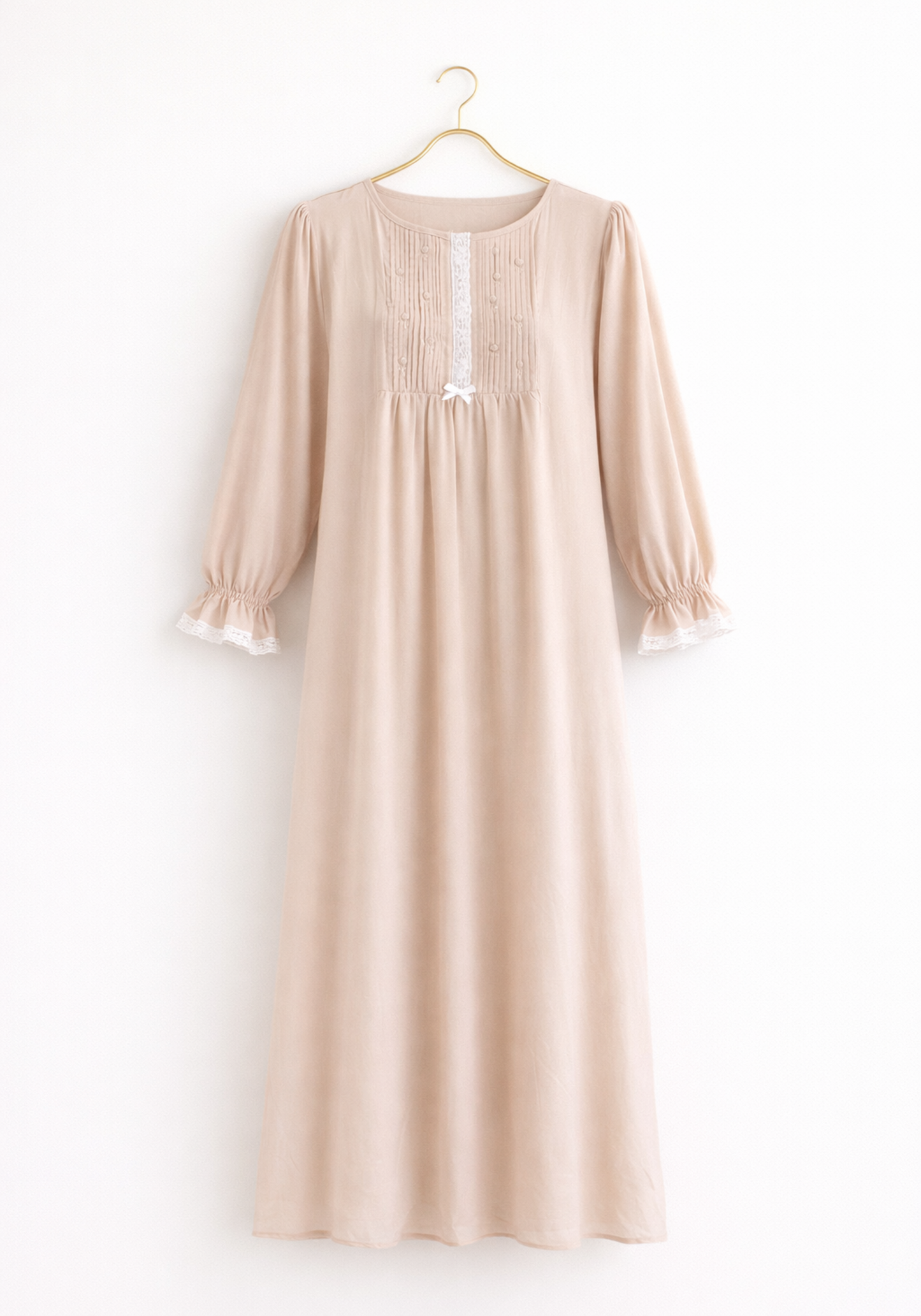 Woven Viscose Long Sleeves Long Nighty With Lace Detail