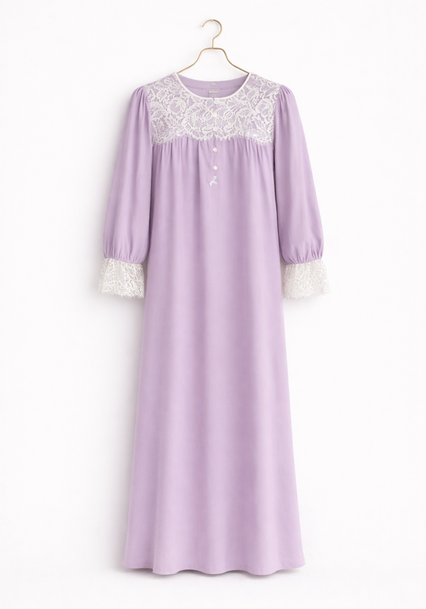 Woven Viscose Long Sleeves Long Nighty With Dantel In The Front & Sleeves With Buttons