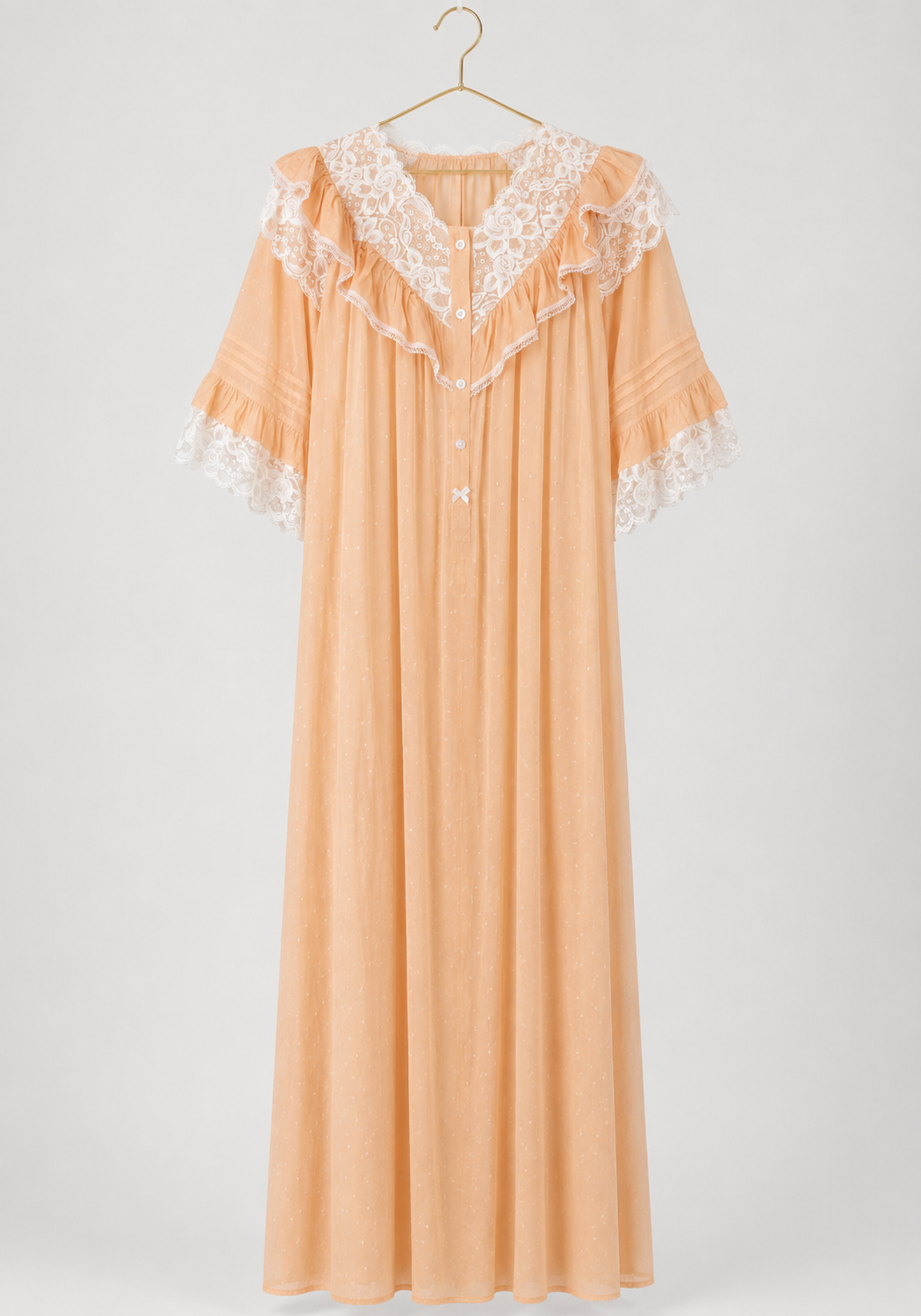 Woven Viscose Long Sleeves V-Neck Long Nighty With Front Buttons And Lace Detail