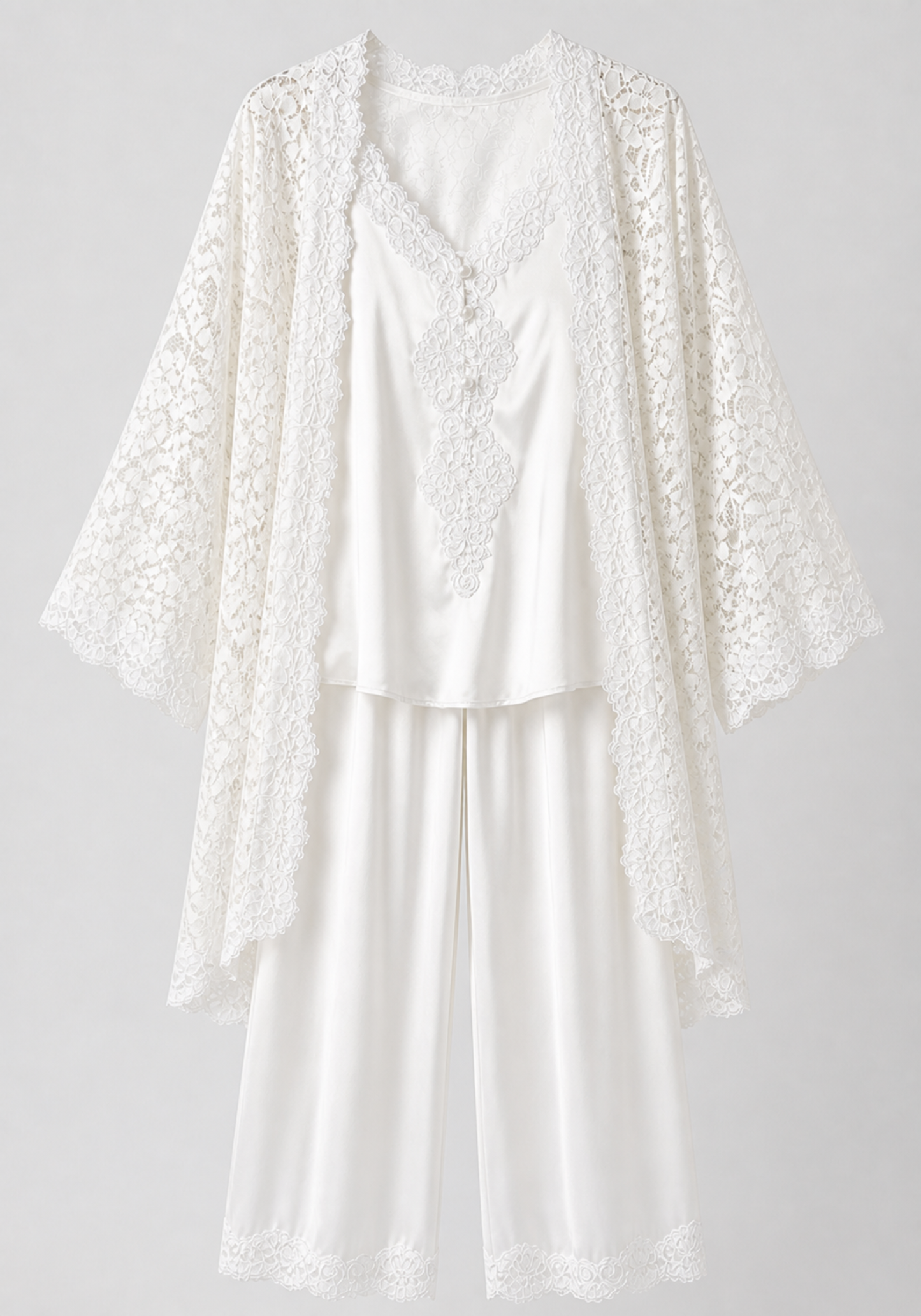 Bridal 3 Pieces Pajamas: Full Dantel Short Robe And Sleeveless Satin Top With Buttons And Pants With Lace Details