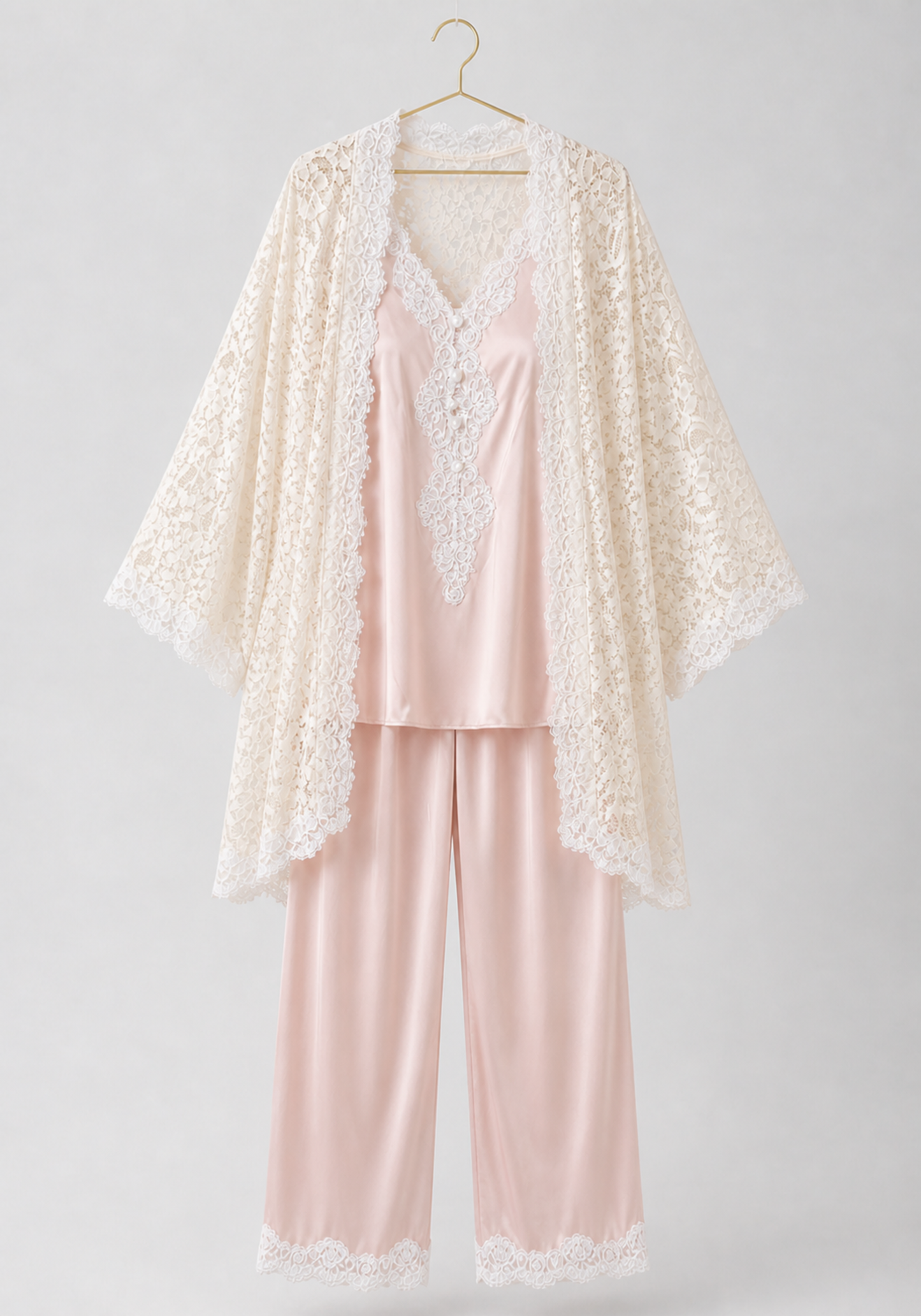 Bridal 3 Pieces Pajamas: Full Dantel Short Robe And Sleeveless Satin Top With Buttons And Pants With Lace Details