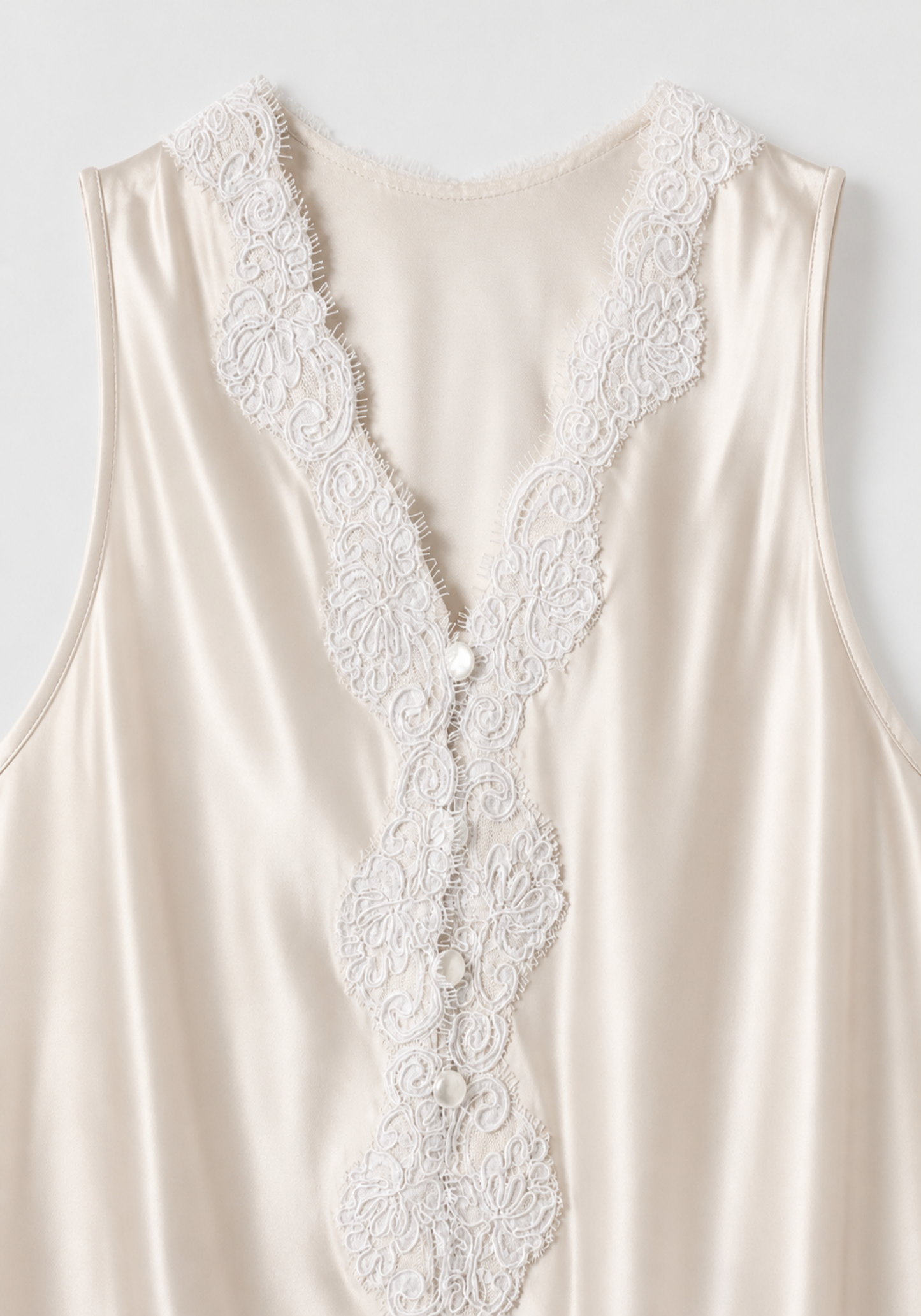 Bridal 3 Pieces Pajamas: Full Dantel Short Robe And Sleeveless Satin Top With Buttons And Pants With Lace Details