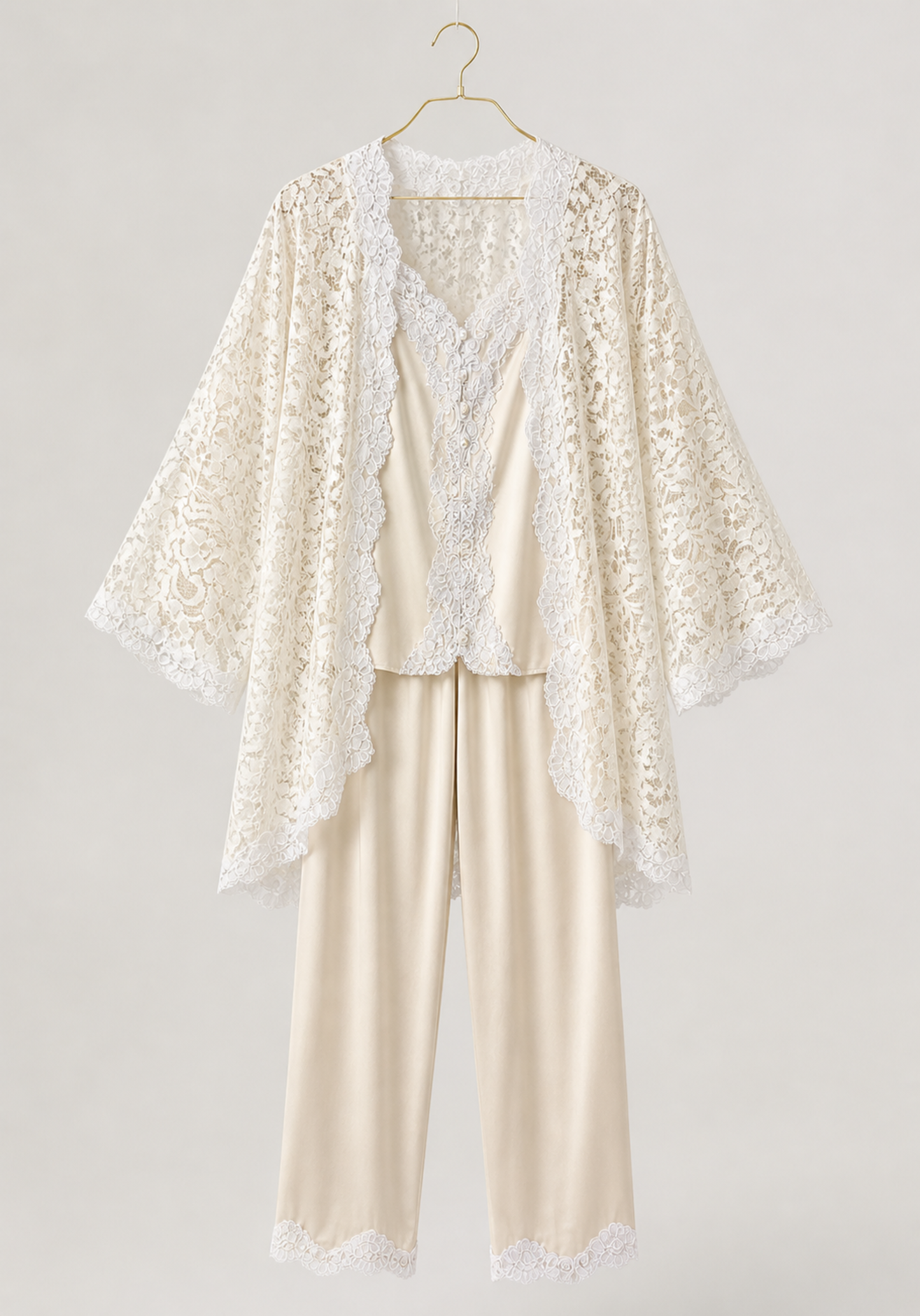 Bridal 3 Pieces Pajamas: Full Dantel Short Robe And Sleeveless Satin Top With Buttons And Pants With Lace Details