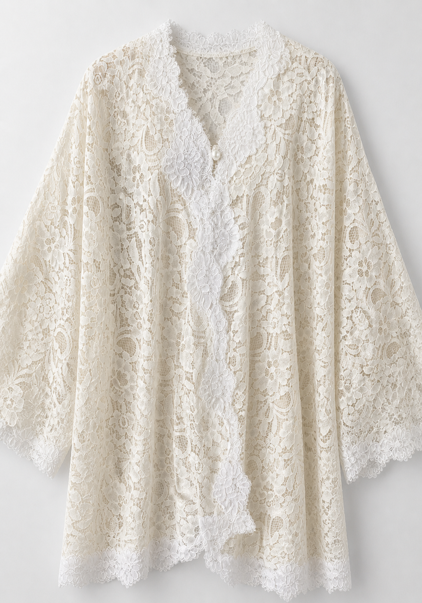 Bridal 3 Pieces Pajamas: Full Dantel Short Robe And Sleeveless Satin Top With Buttons And Pants With Lace Details