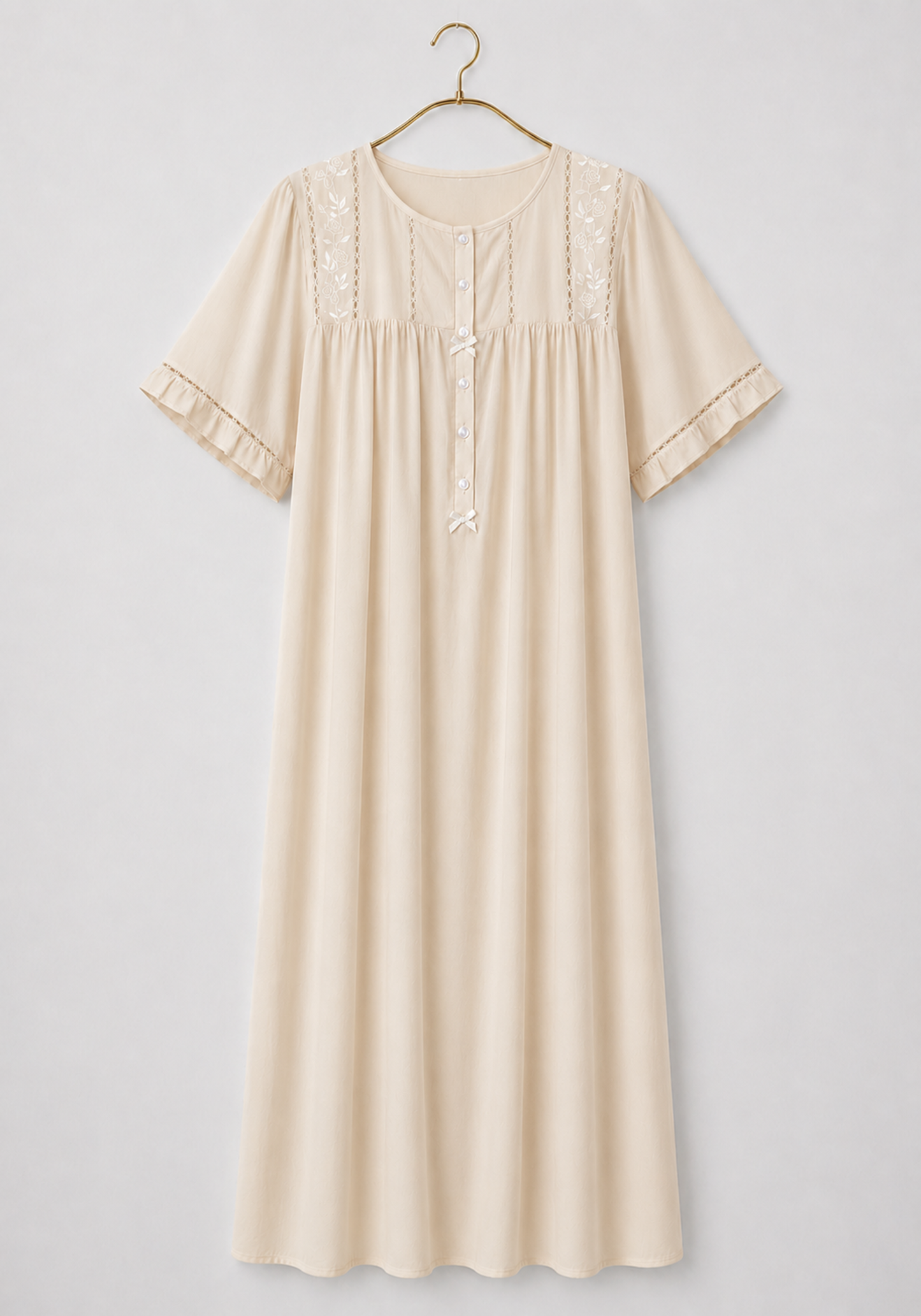 Long Gown: Woven Viscose Short Sleeves Long Nighty With Buttons And Embroidery Details