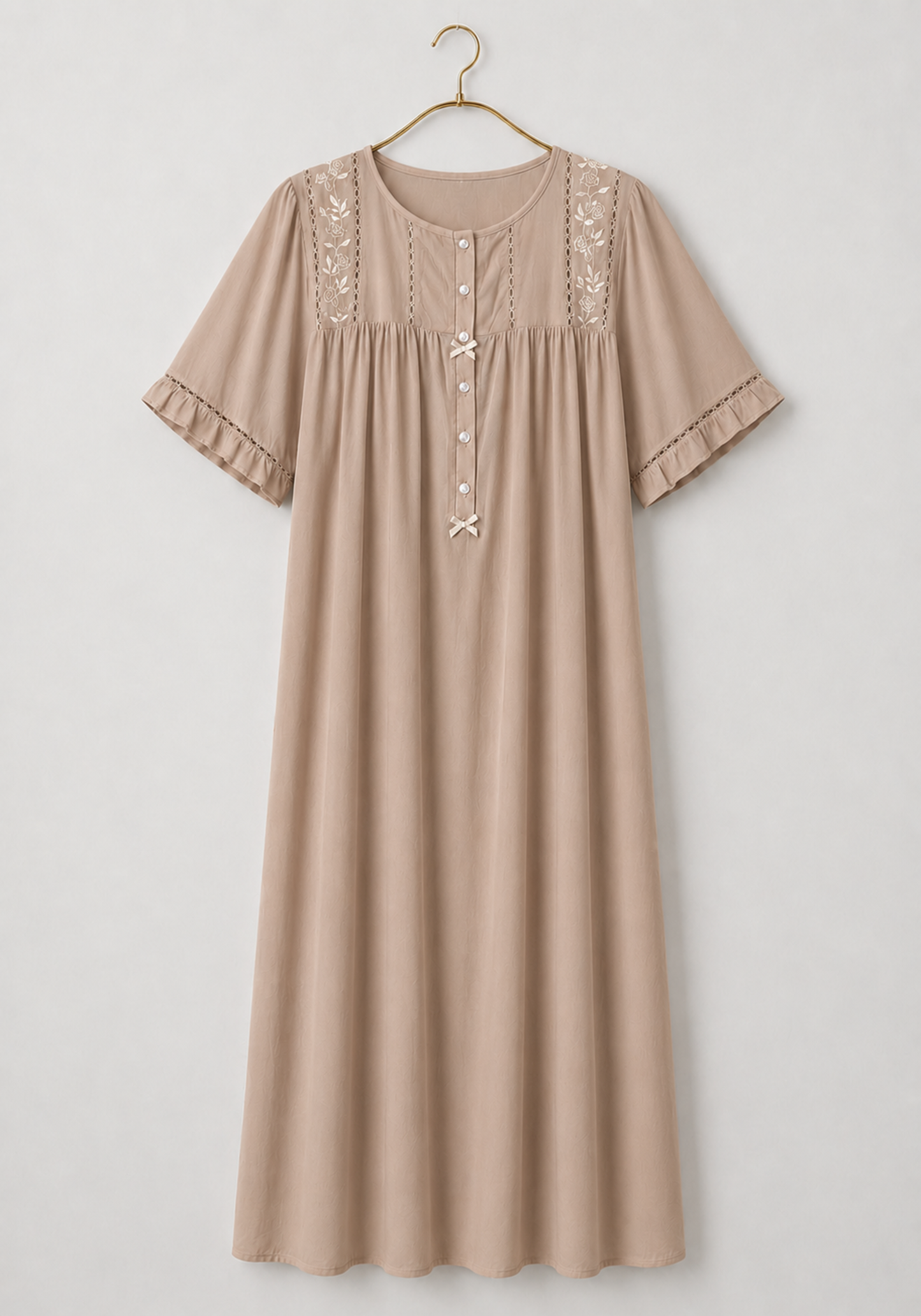 Long Gown: Woven Viscose Short Sleeves Long Nighty With Buttons And Embroidery Details