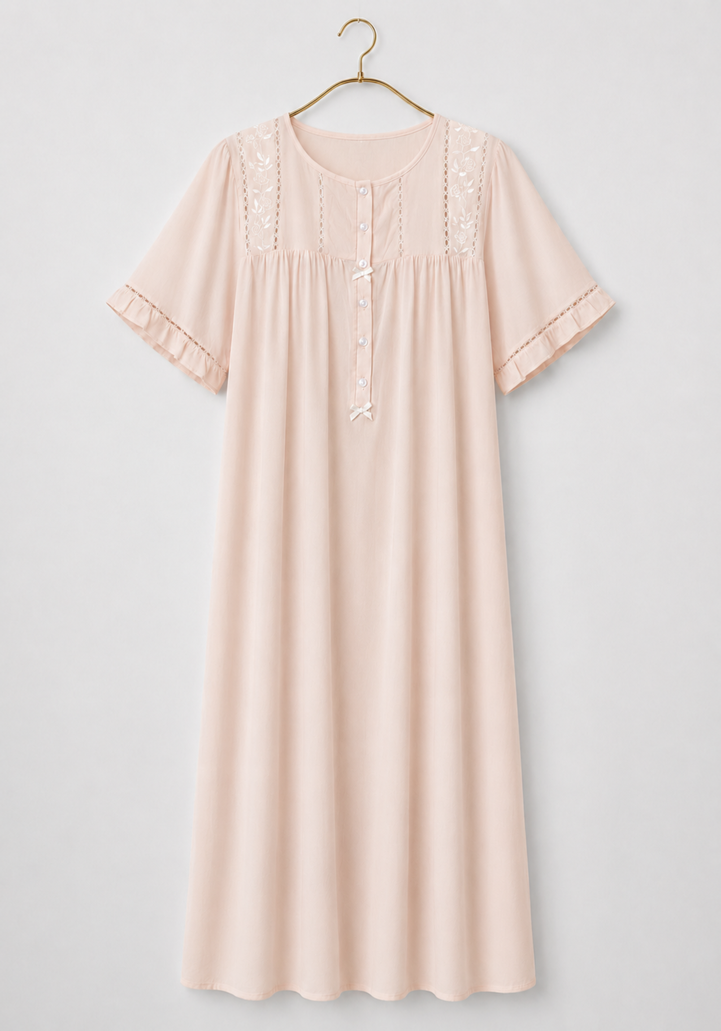 Long Gown: Woven Viscose Short Sleeves Long Nighty With Buttons And Embroidery Details
