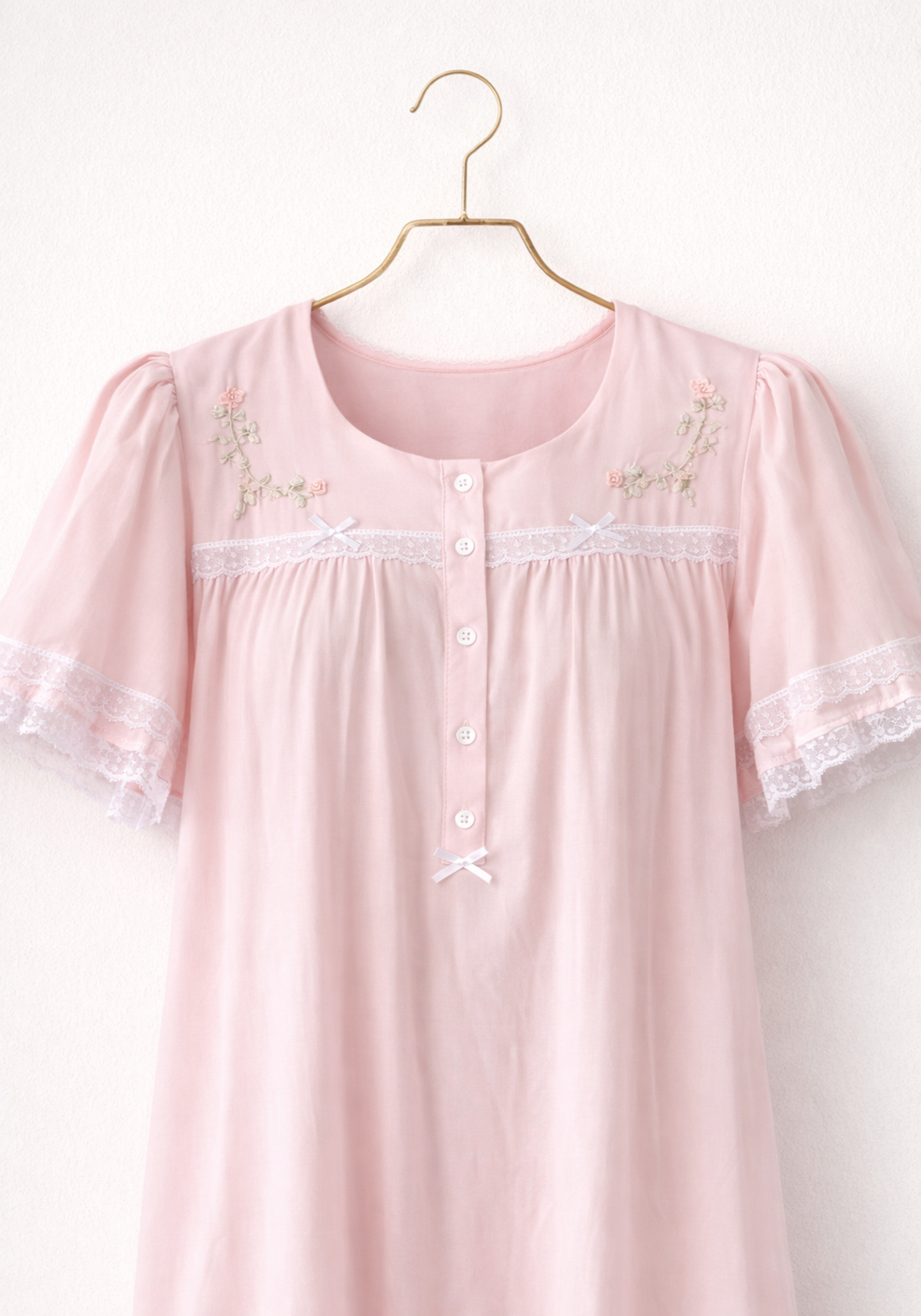 Woven Viscose Short Sleeves Long Nighty With Floral Embroidery With Front Buttons