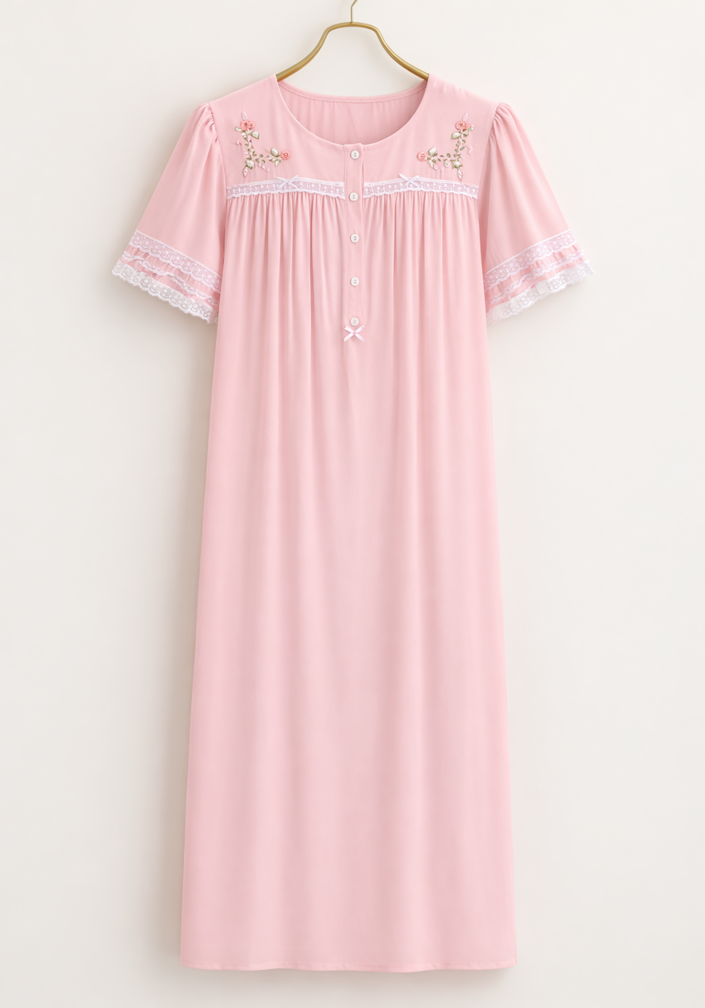 Woven Viscose Short Sleeves Long Nighty With Floral Embroidery With Front Buttons