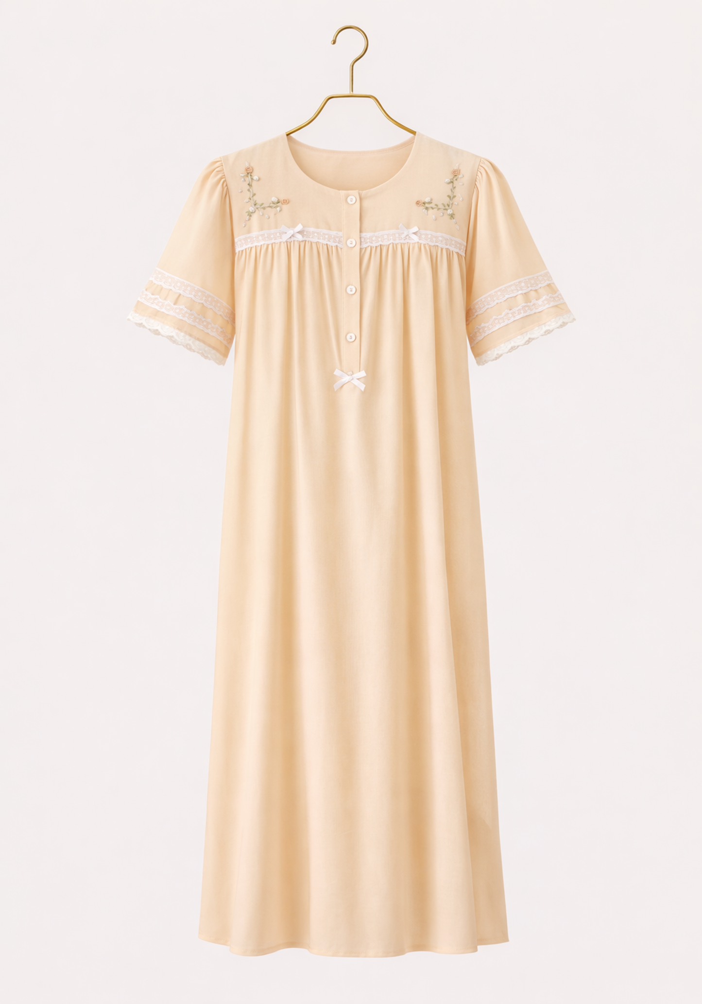Woven Viscose Short Sleeves Long Nighty With Floral Embroidery With Front Buttons