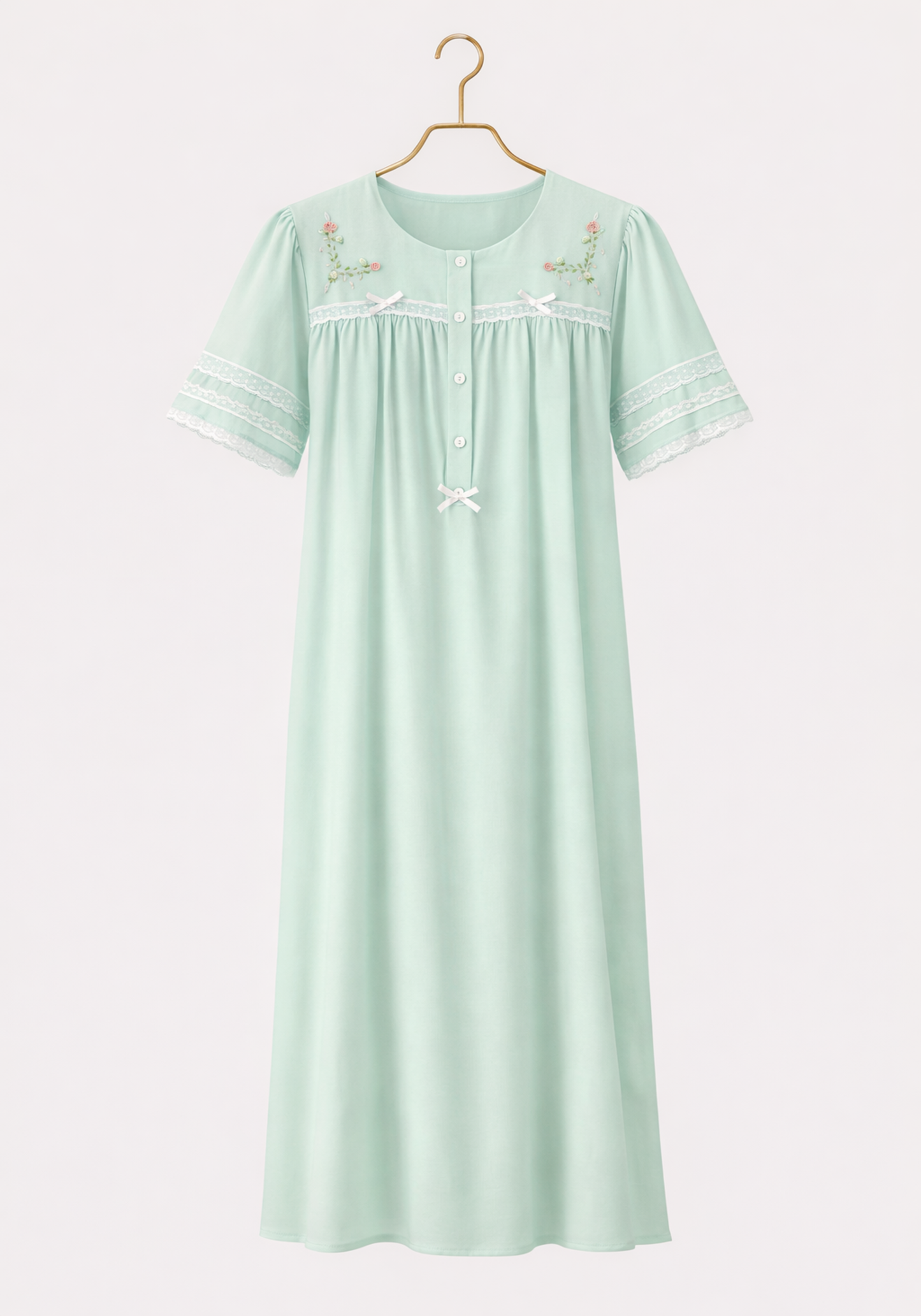 Woven Viscose Short Sleeves Long Nighty With Floral Embroidery With Front Buttons
