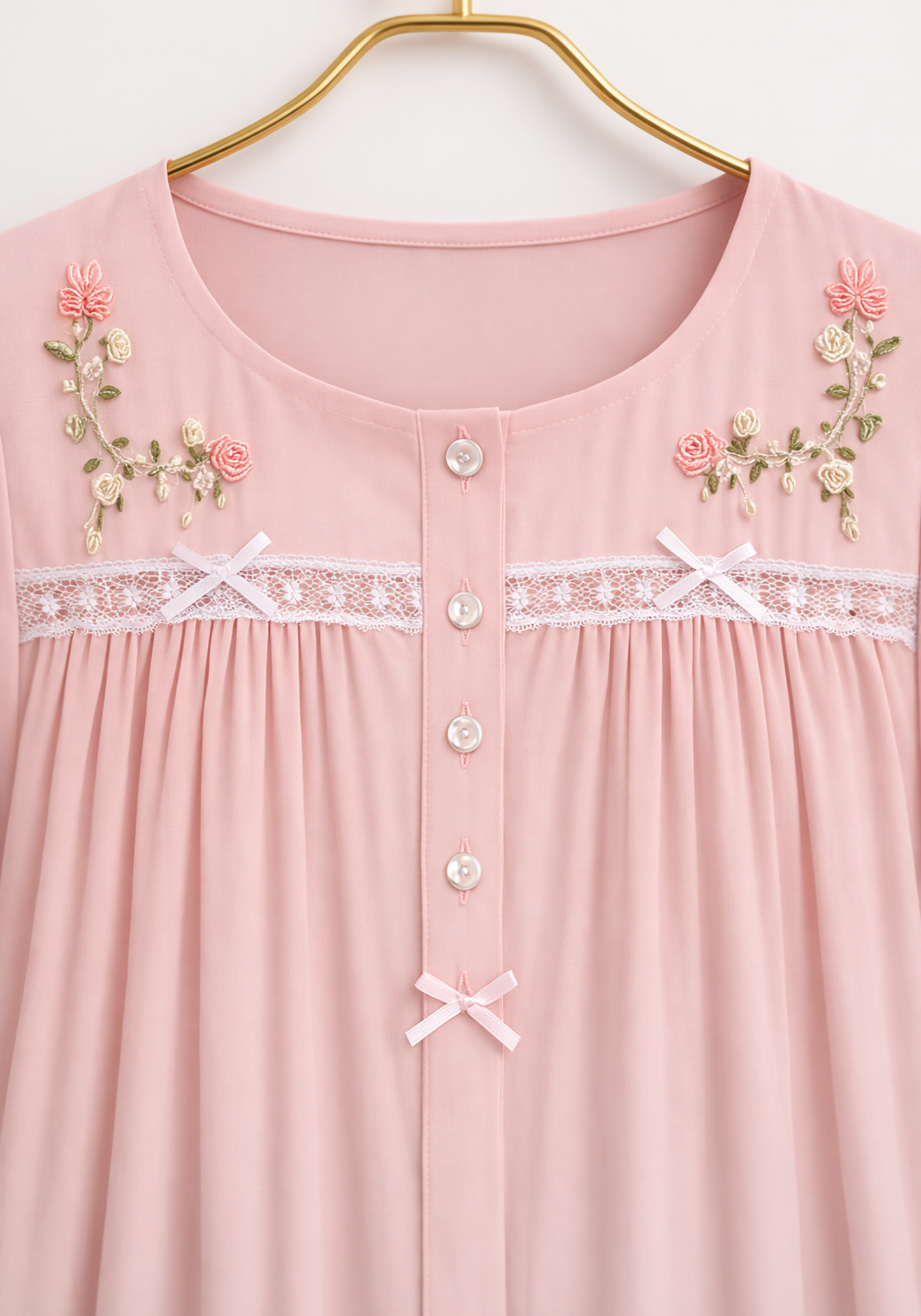 Woven Viscose Short Sleeves Long Nighty With Floral Embroidery With Front Buttons