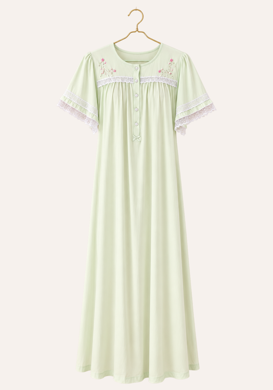 Short Sleeve Button Front Plain Nightgown With Hand-Embroidered Chest