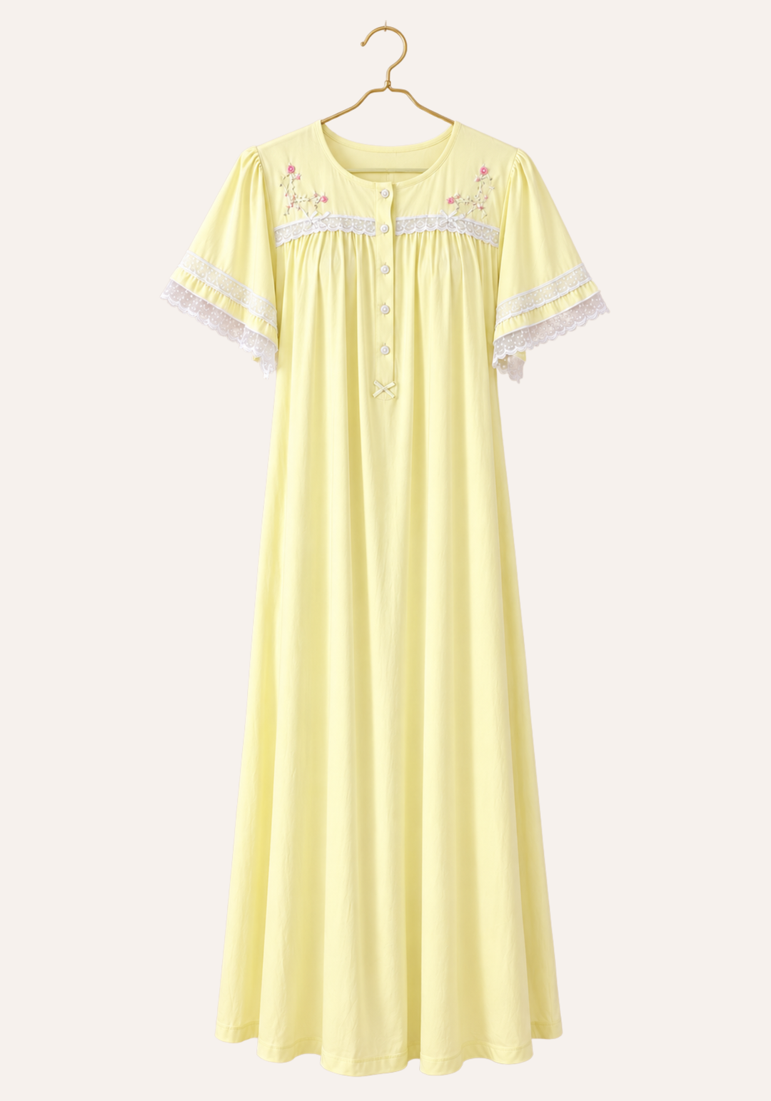 Short Sleeve Button Front Plain Nightgown With Hand-Embroidered Chest