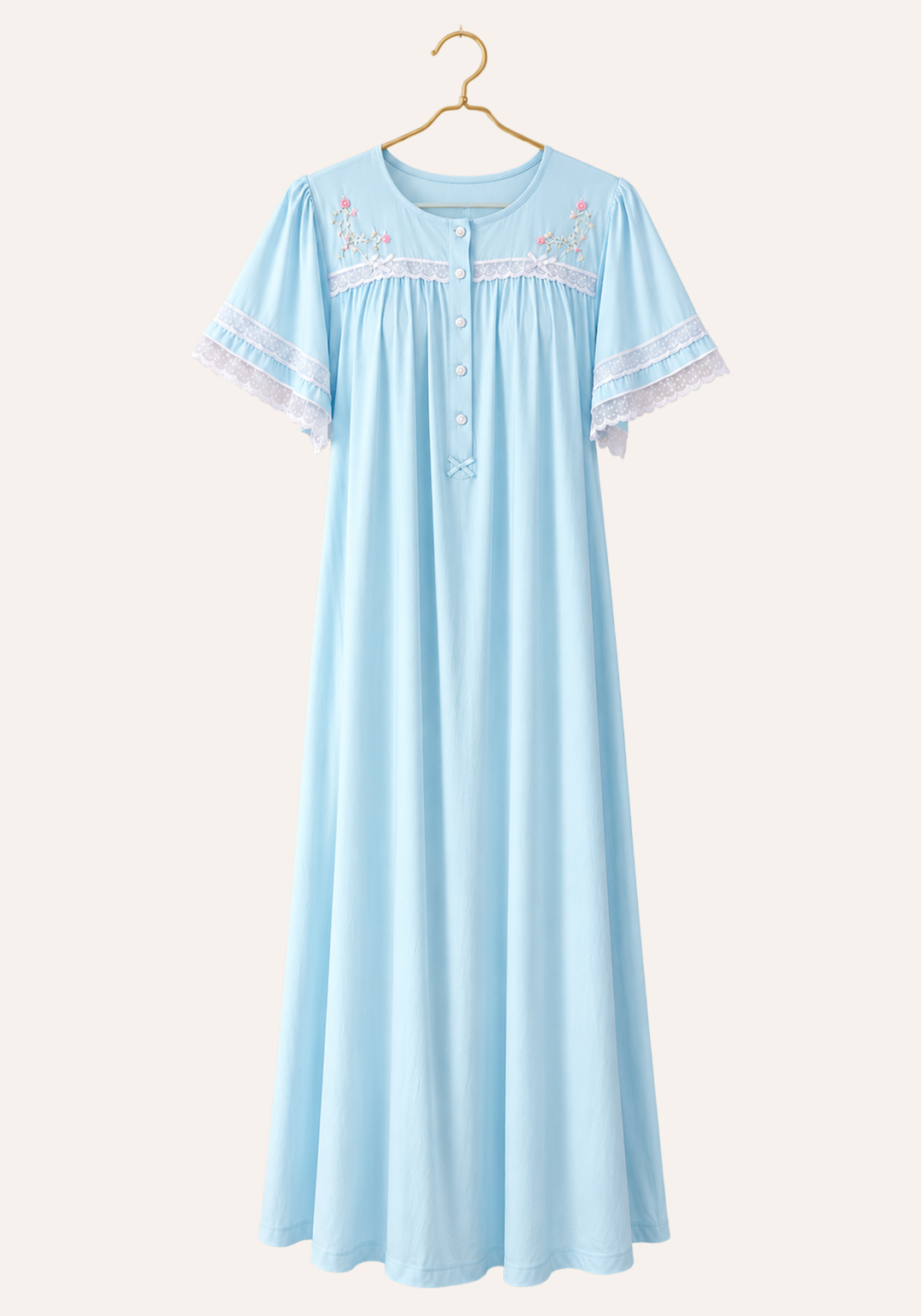 Short Sleeve Button Front Plain Nightgown With Hand-Embroidered Chest