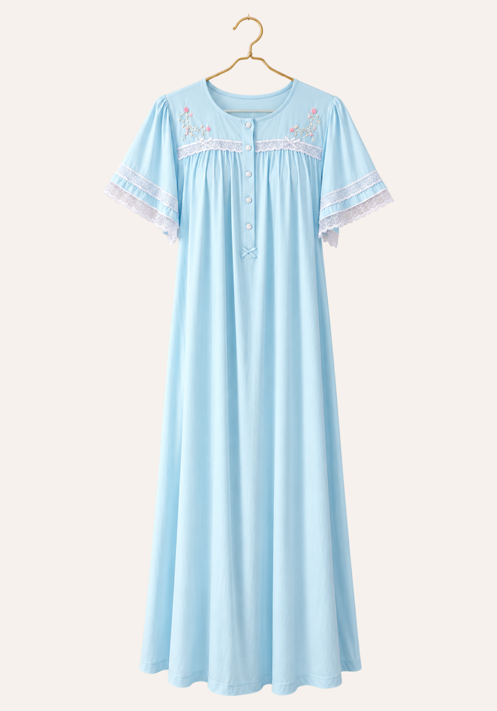 Short Sleeve Button Front Plain Nightgown With Hand-Embroidered Chest