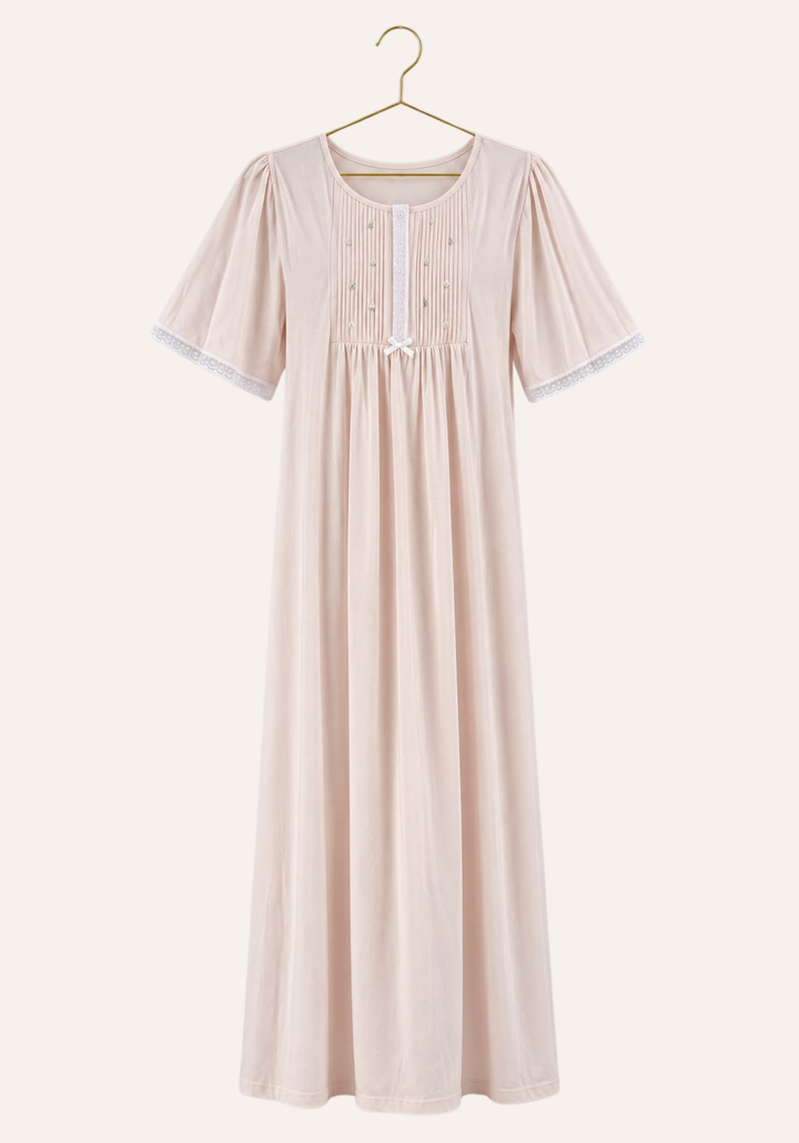 Short Sleeve Long Nighty With Front Embroidery