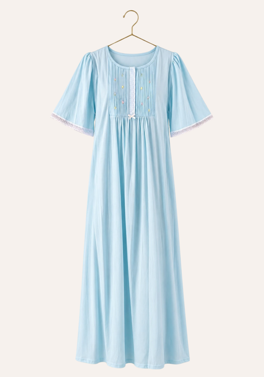 Short Sleeve Long Nighty With Front Embroidery