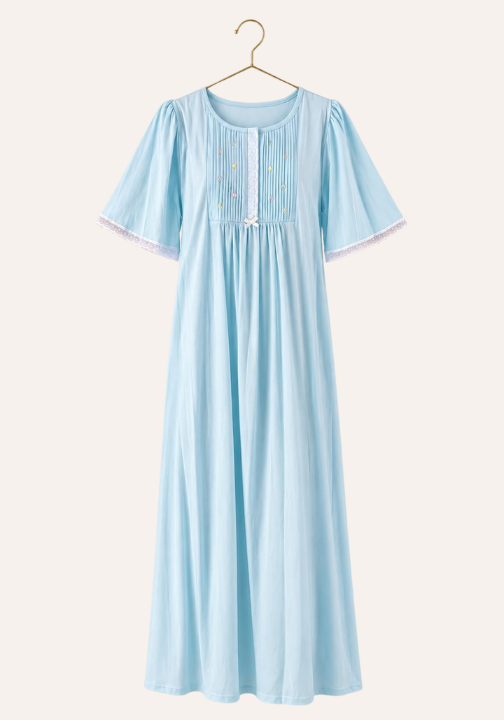 Short Sleeve Long Nighty With Front Embroidery