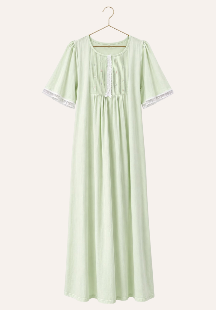 Short Sleeve Long Nighty With Front Embroidery