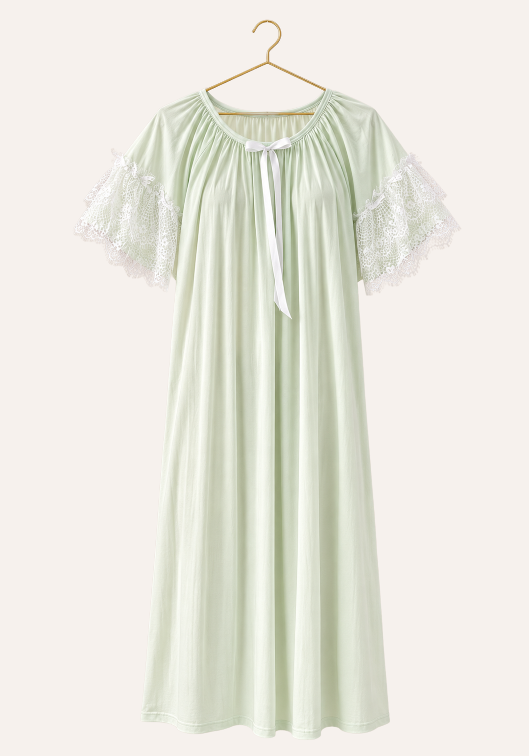 Short Sleeve Plain Midi-Length Nightgown With Eyelash-Lace Trim On The Sleeves