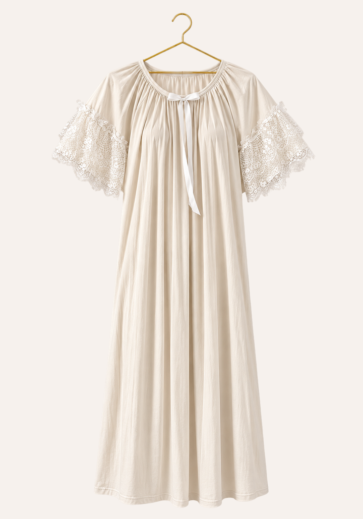 Short Sleeve Plain Midi-Length Nightgown With Eyelash-Lace Trim On The Sleeves