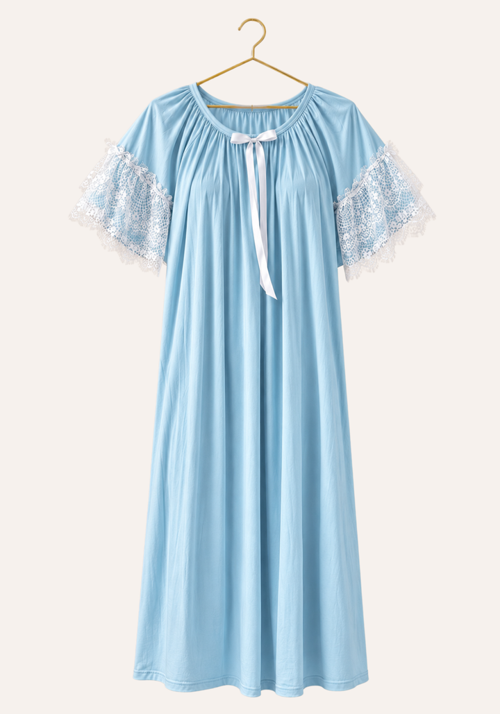 Short Sleeve Plain Midi-Length Nightgown With Eyelash-Lace Trim On The Sleeves